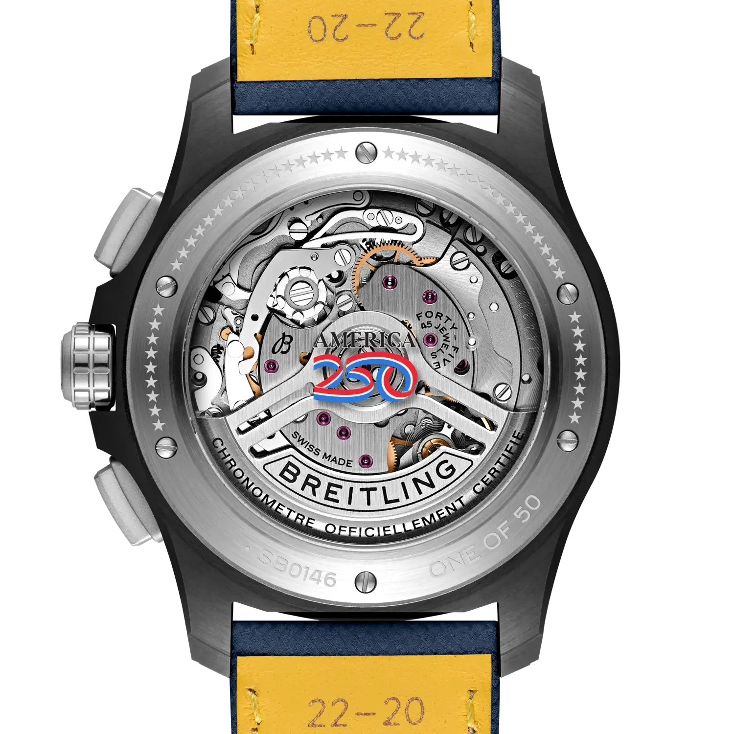 Back of a black Breitling watch, showing visible movement with "AMERICA 250" logo, "ONE OF 50", and blue/yellow strap.