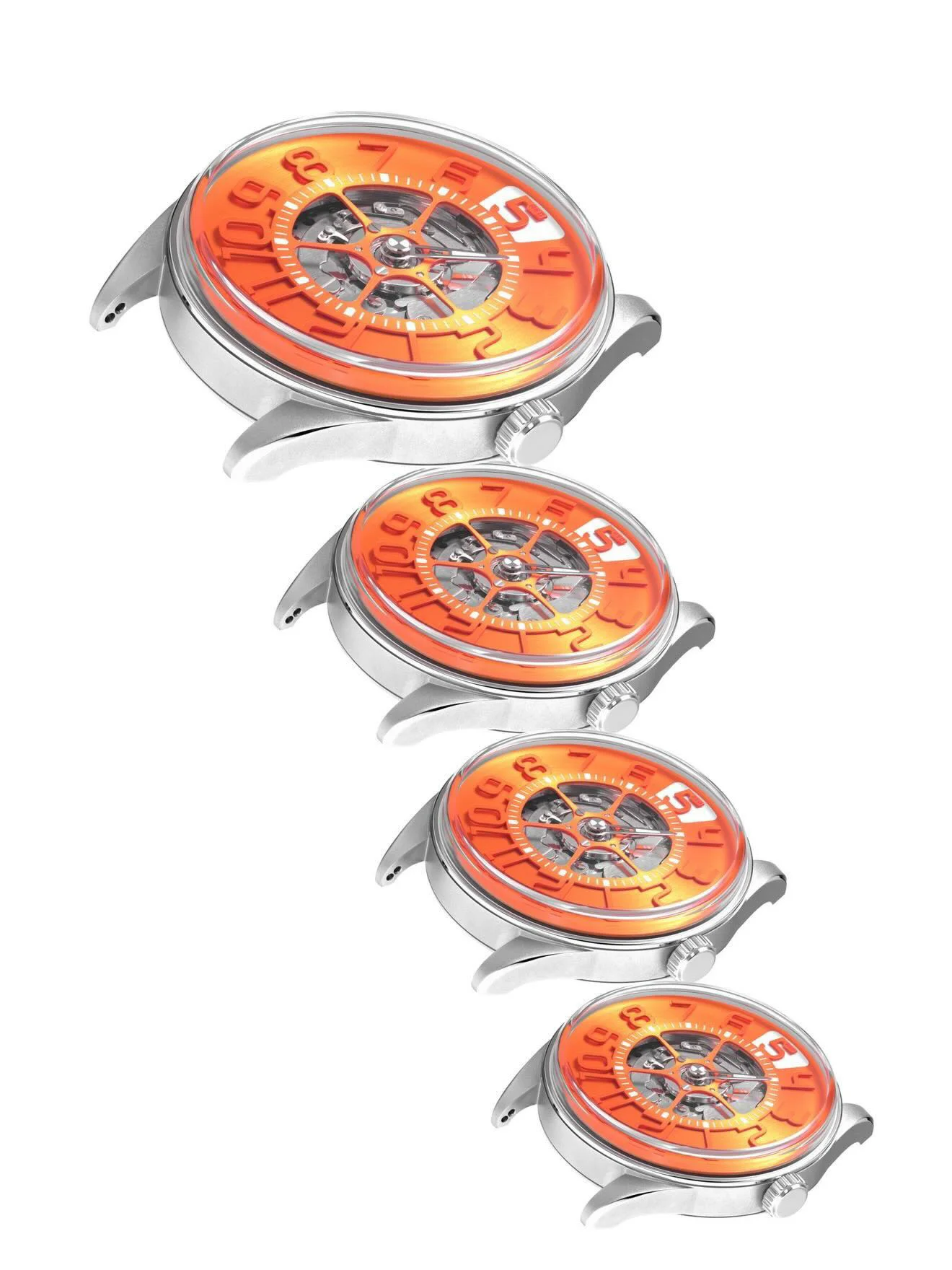 Four identical luxury watches, silver cases, orange skeletonized dials revealing movements, on white.