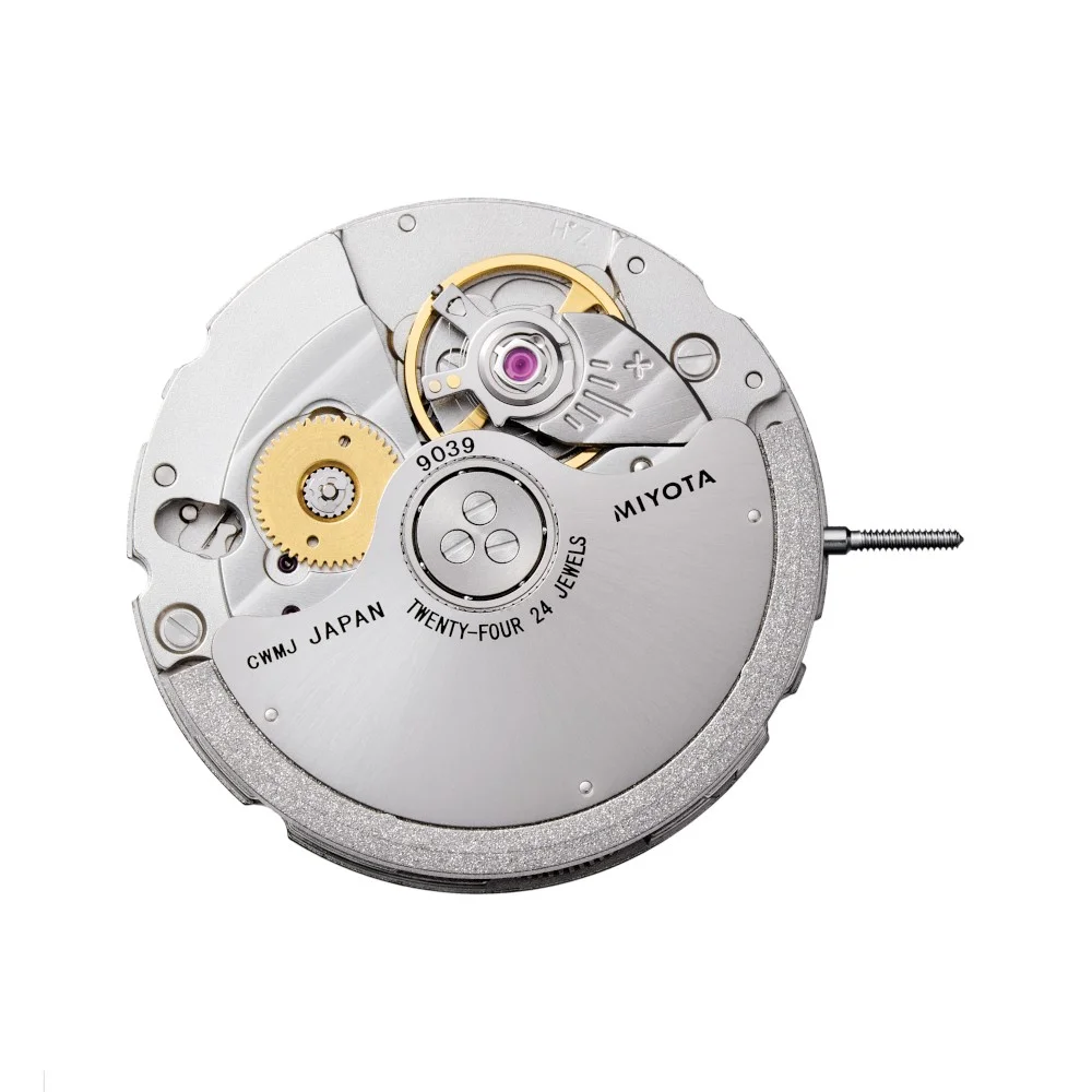 Miyota 9039 automatic watch movement on white, showing gears, 24 jewels, ruby, and a winding stem.