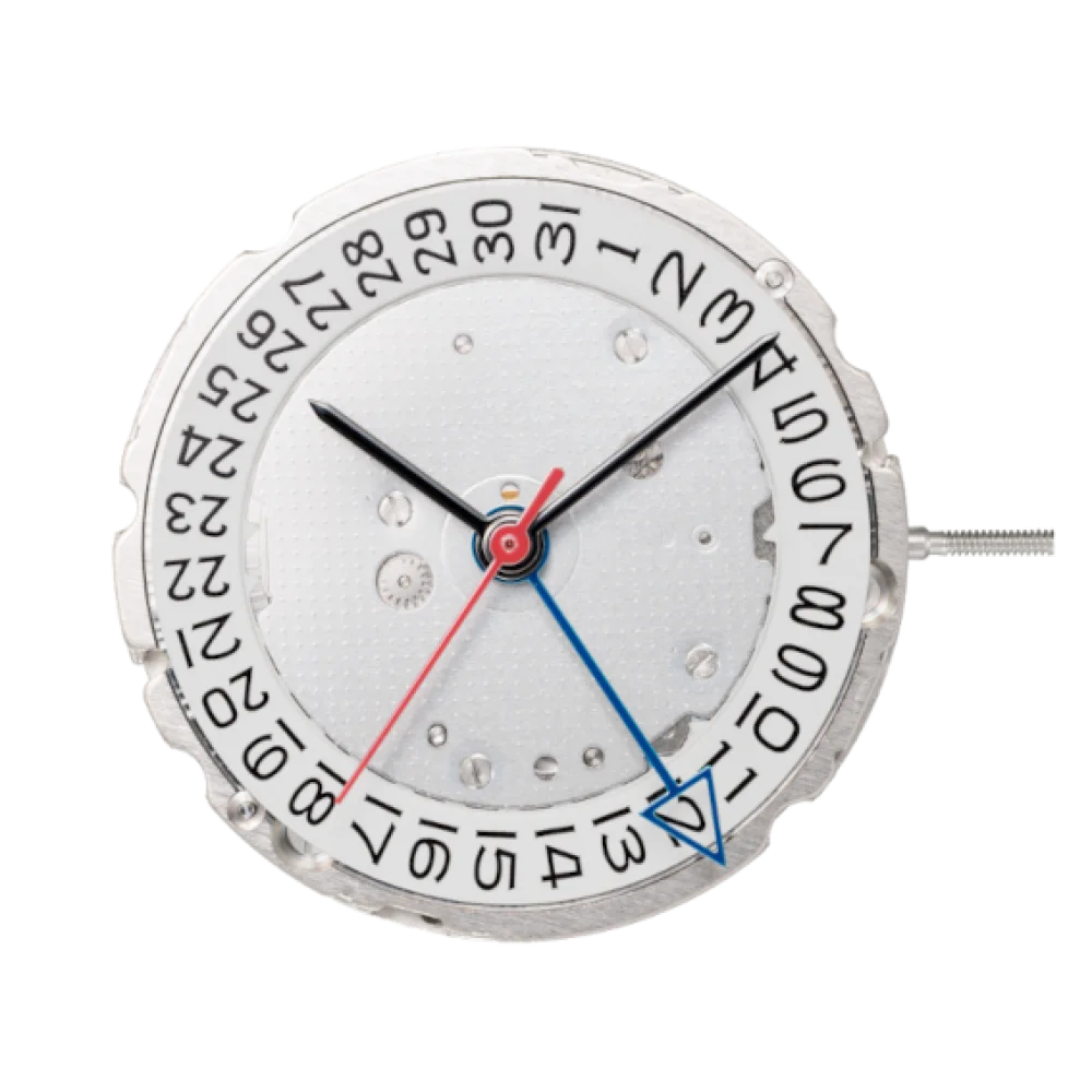 Watch movement with silver dial, black hour/minute, red second, and blue triangular date hand pointing to 12 on a 1-31 ring.
