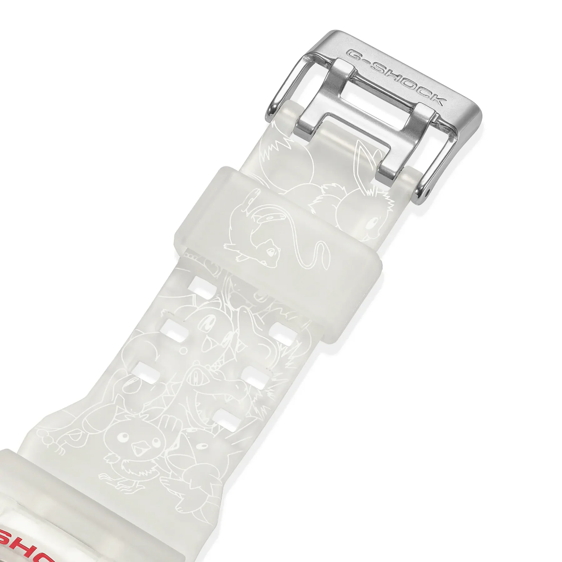 Close-up of a translucent G-Shock watch strap with white outlines of various Pokémon and a silver buckle.