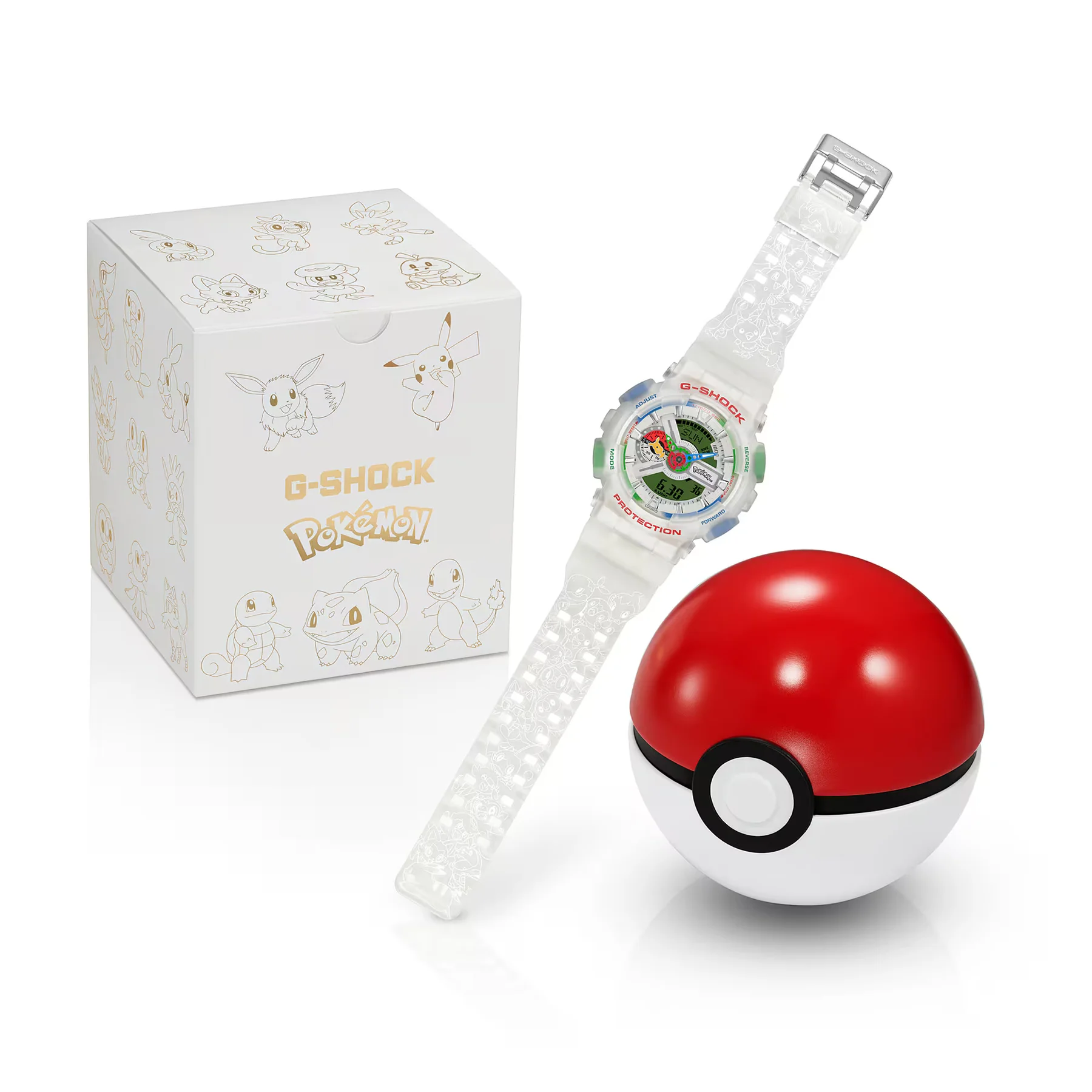 White G-Shock Pokémon watch with transparent strap, white box with gold Pokémon art, and a red-white Poké Ball on white.