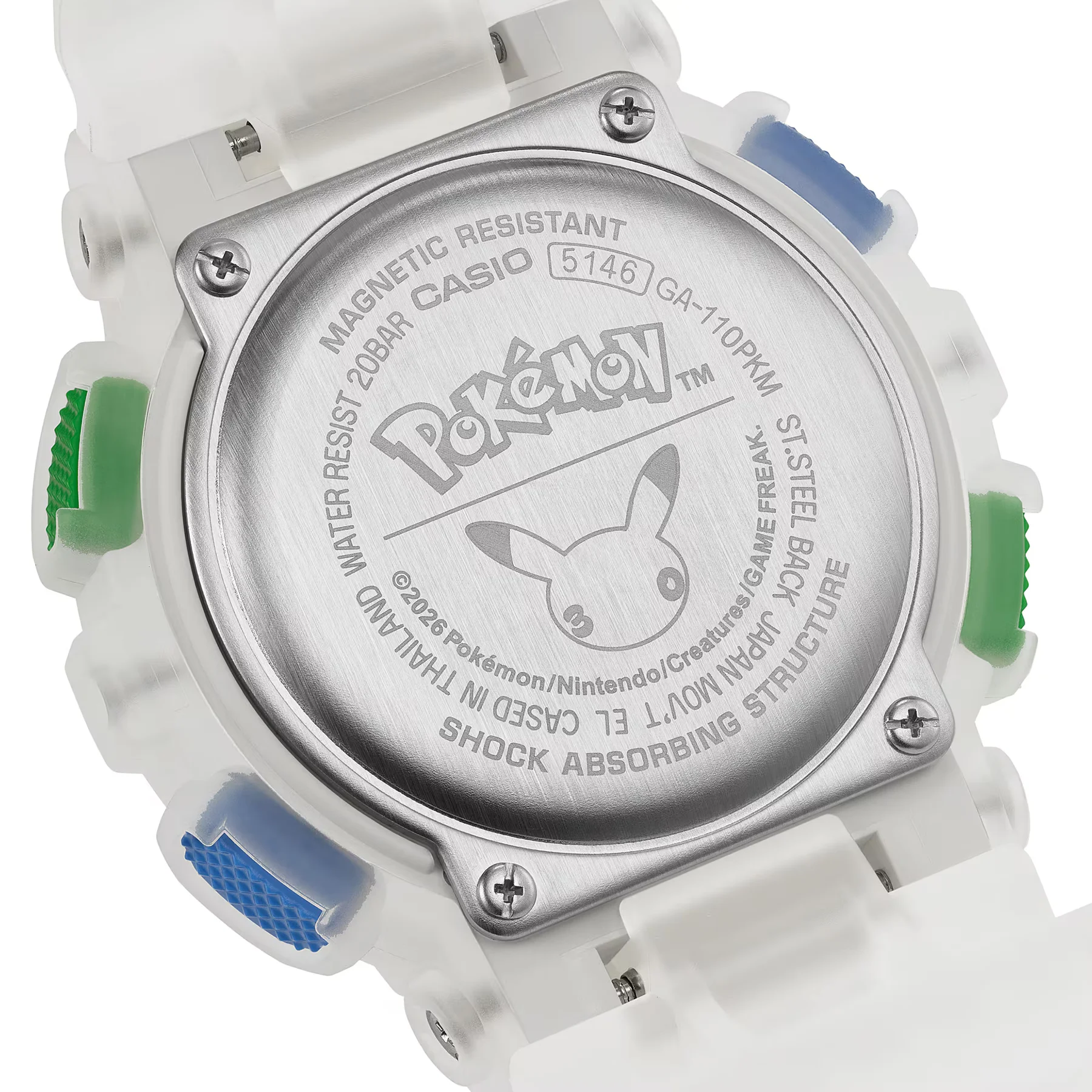 Casio G-Shock Pokémon watch back. Brushed steel with Pikachu and GA-110PKM engravings. Translucent white case, blue & green buttons.