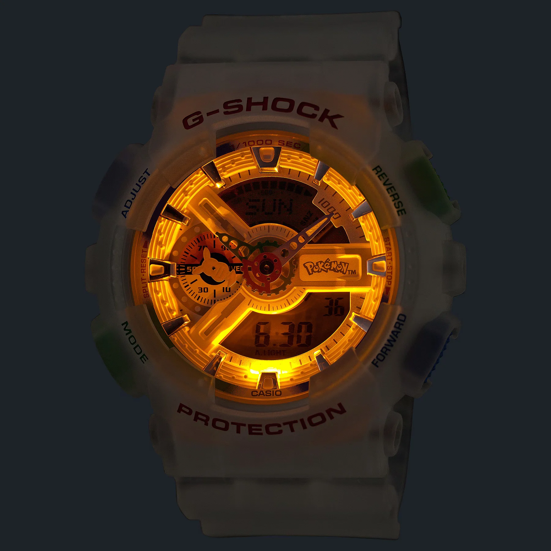 Translucent white G-SHOCK x Pokémon watch. Orange backlight illuminates dial, showing Pikachu detail & '6.30'.