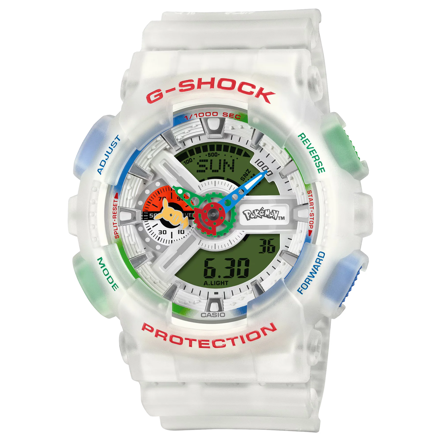 White translucent G-SHOCK x Pokémon watch with a Pikachu sub-dial, green digital screen, and colorful button accents.