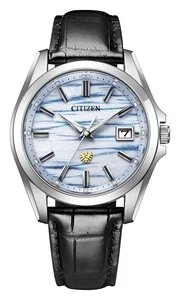 Silver Citizen watch, black leather strap. Indigo washi paper dial with wavy lines, date window, gold emblem.