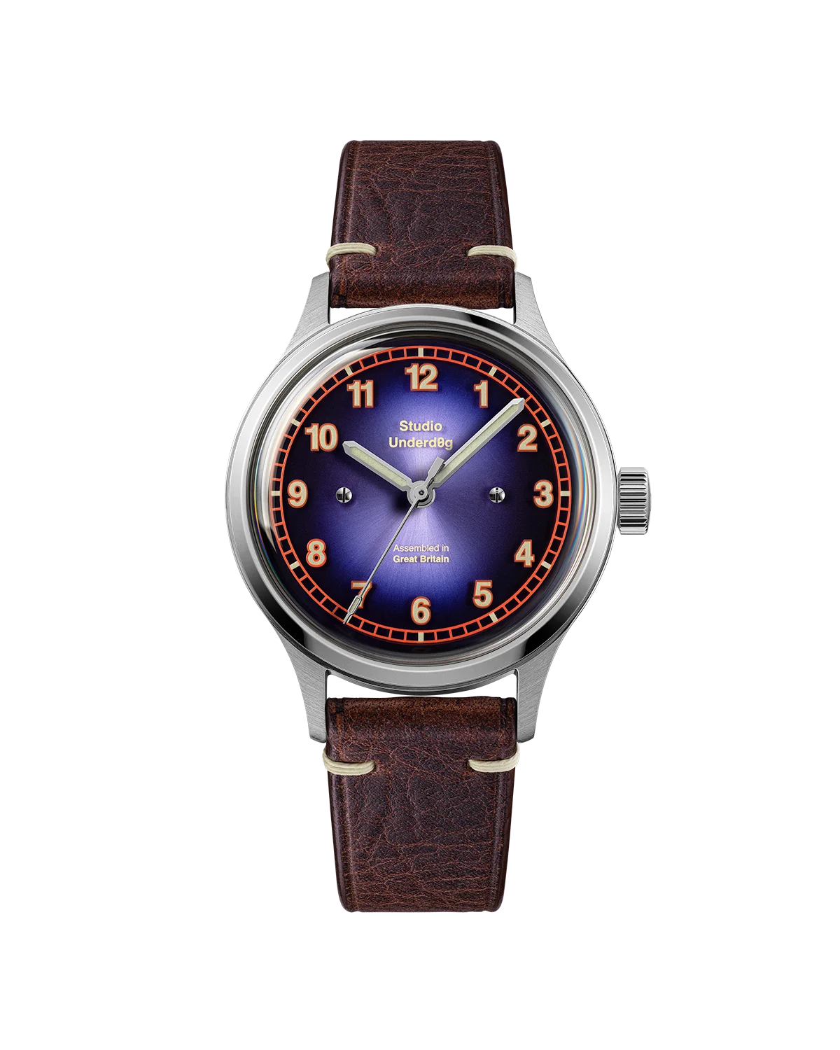 Studio Underd0g 02SERIES Nightshade watch with purple-blue dial, orange numerals, steel case, brown leather strap.