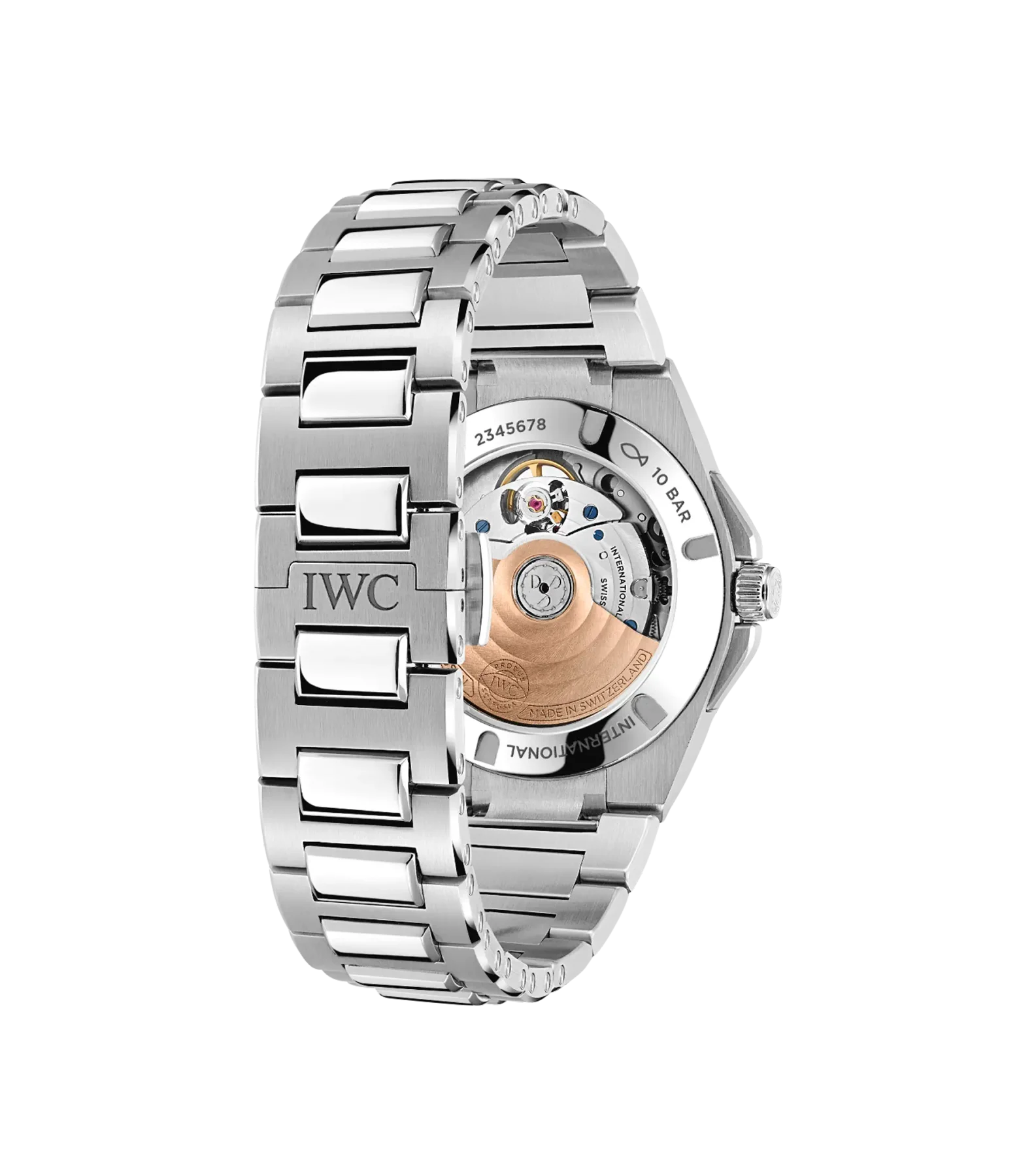 Rear view of steel IWC watch, exhibition caseback revealing automatic movement, metal bracelet & crown on black.