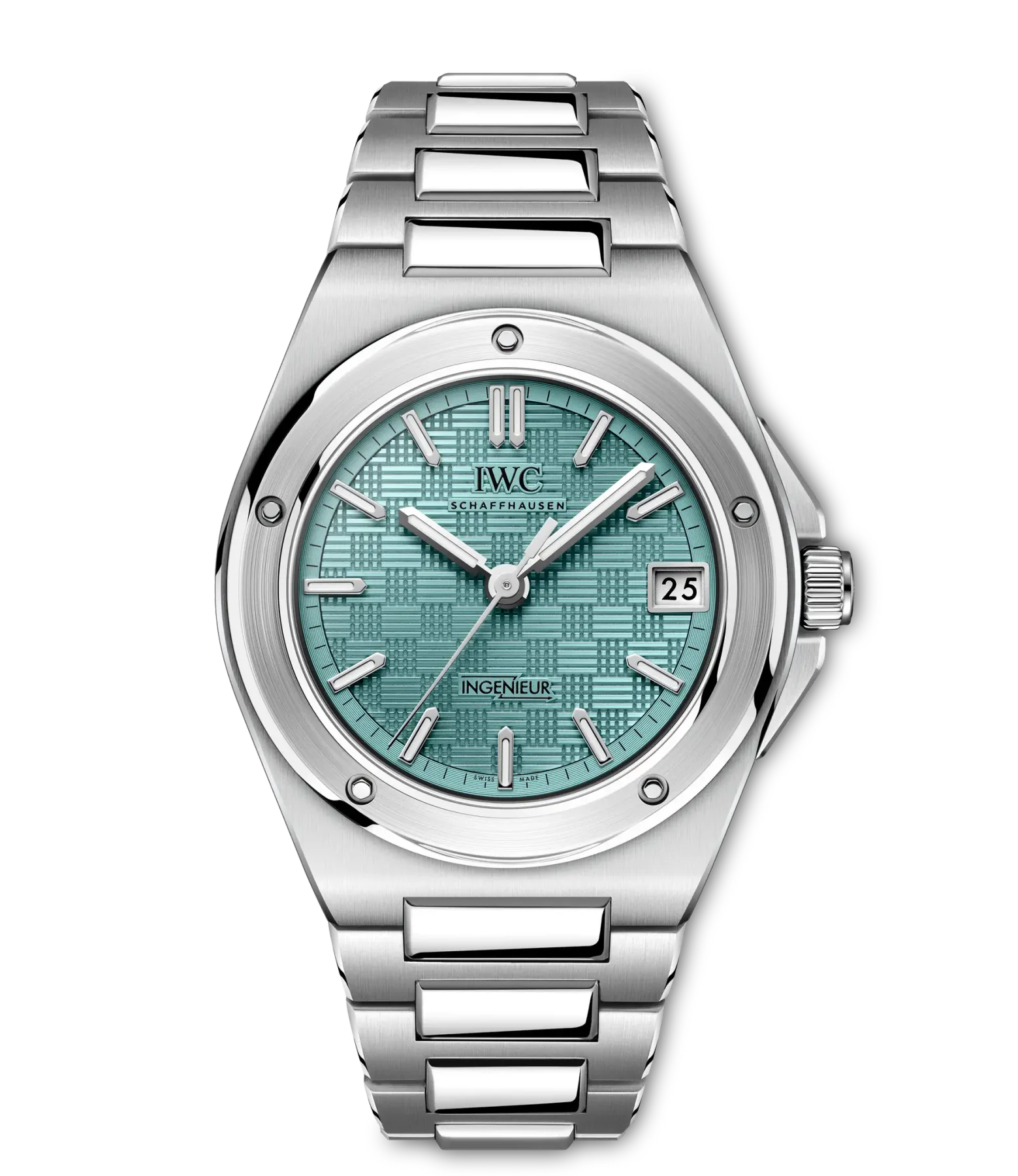 IWC Ingenieur steel watch with turquoise checkerboard dial, integrated bracelet, date at 3. Black background.
