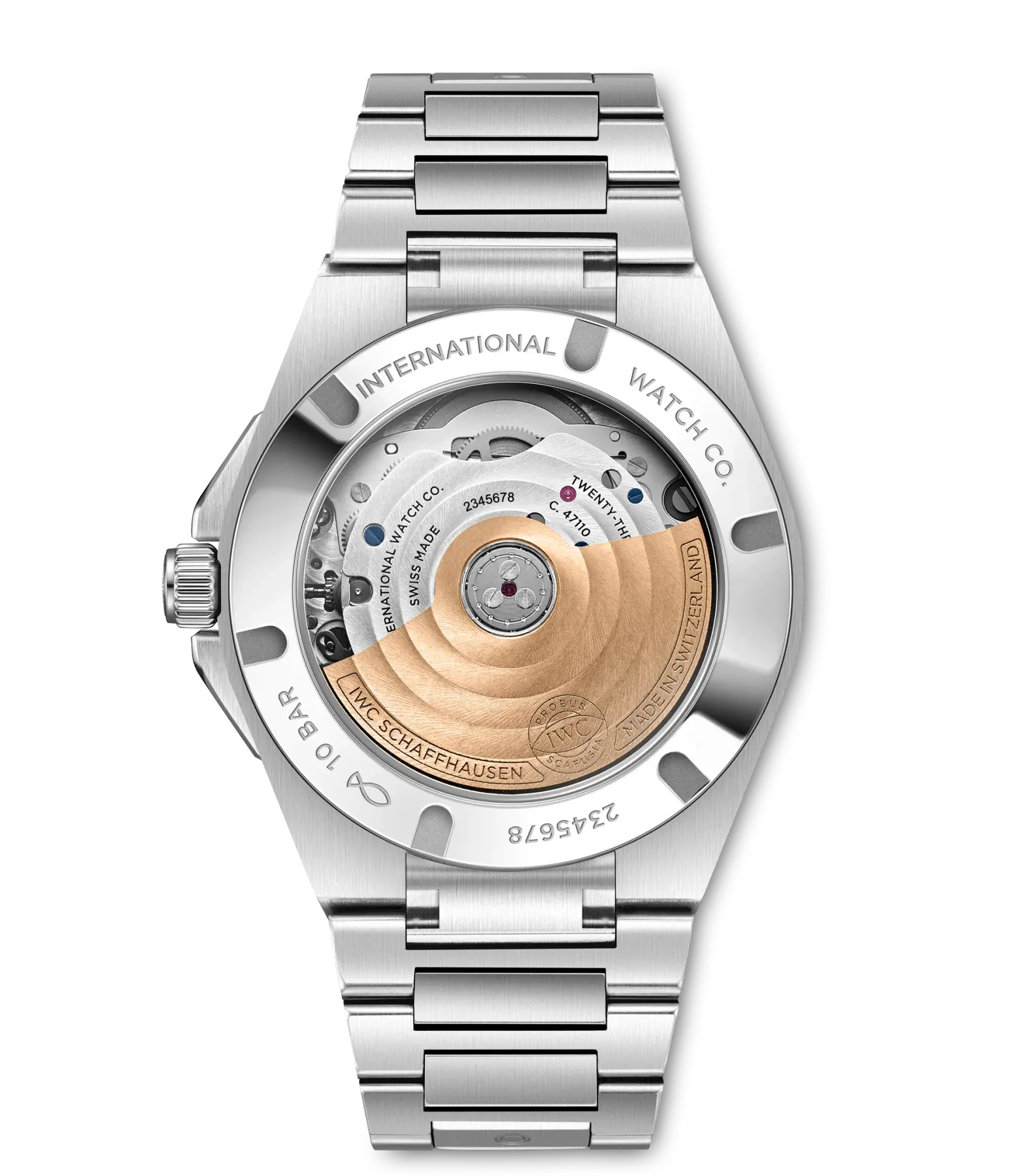 Rear view of a luxury IWC watch with a steel bracelet. Exhibition case back reveals intricate movement, gold rotor, and jewels.