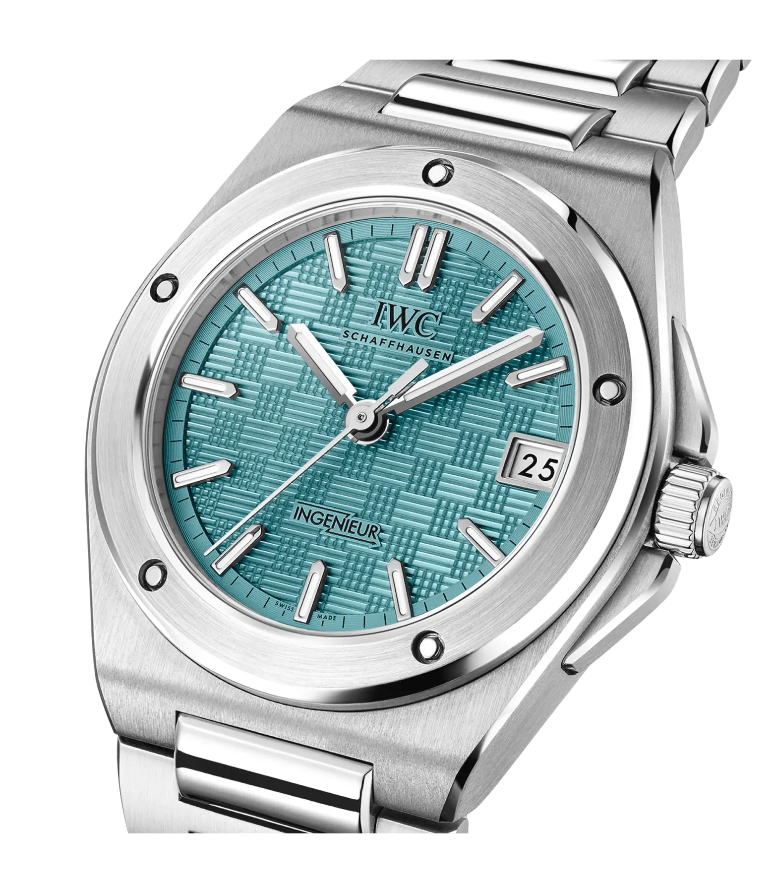 IWC Schaffhausen Ingenieur watch: steel, integrated bracelet, aqua basketweave dial, date 25, on black background.