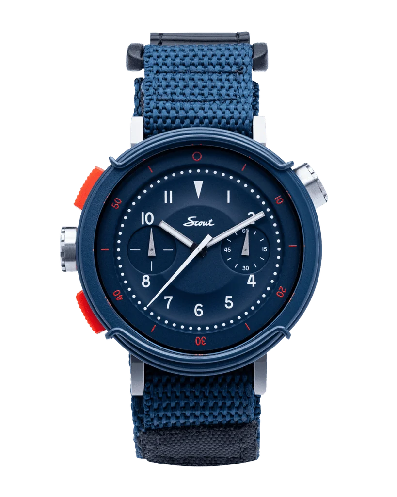 Dark blue Scout chronograph watch with a blue textile strap, red pushers and bezel accents.
