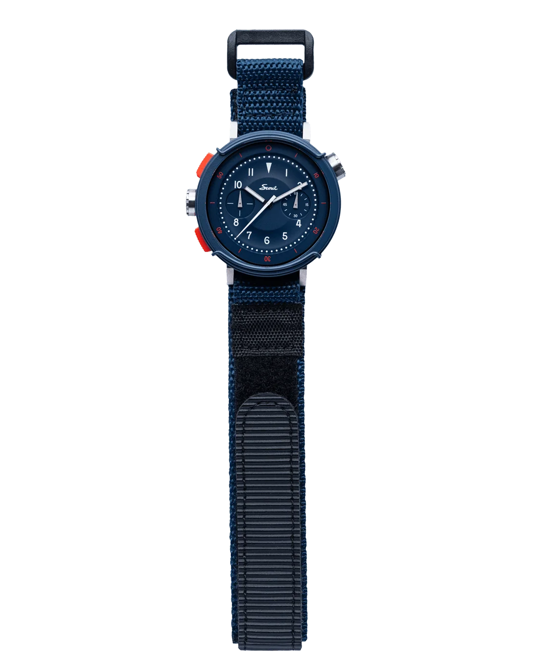 Dark blue Scout watch with silver case, red accents, and a blue fabric velcro strap.