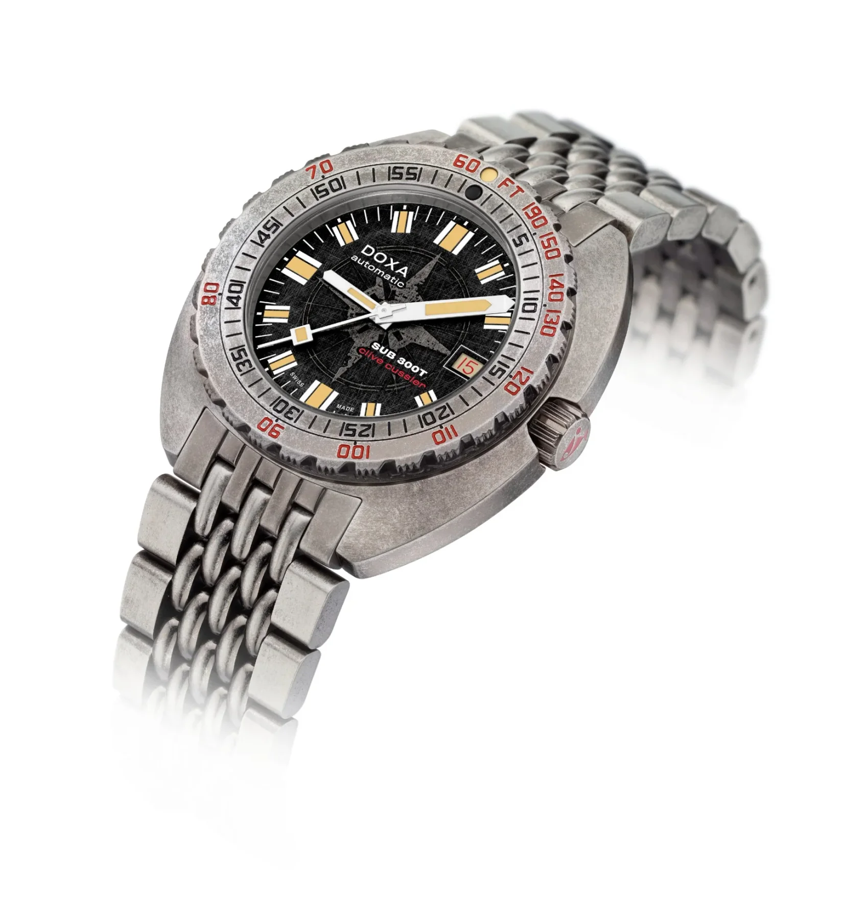 Weathered Doxa SUB 300T Clive Cussler watch with black map dial, grey bezel, and steel 'beads of rice' bracelet on white.