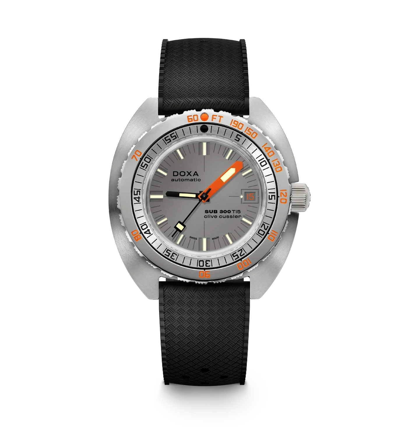 DOXA SUB 300 Ti5 Clive Cussler dive watch with gray dial, orange hands, titanium case, black rubber strap.