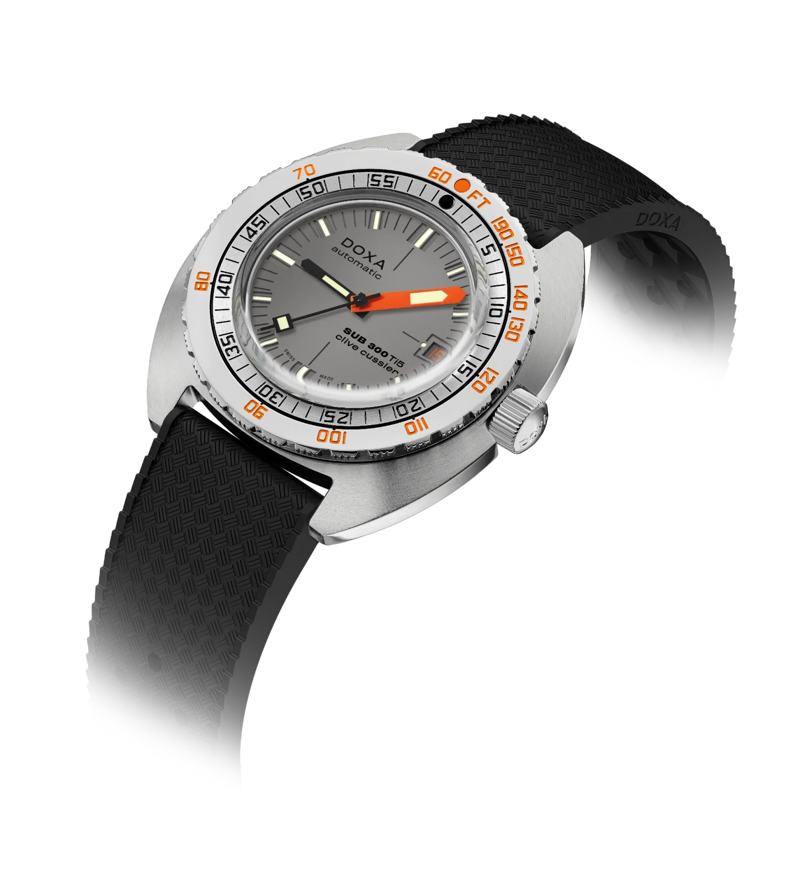 Doxa SUB 300 Ti Clive Cussler automatic diver watch. Grey dial, prominent orange minute hand, white/orange dive bezel, black rubber strap.