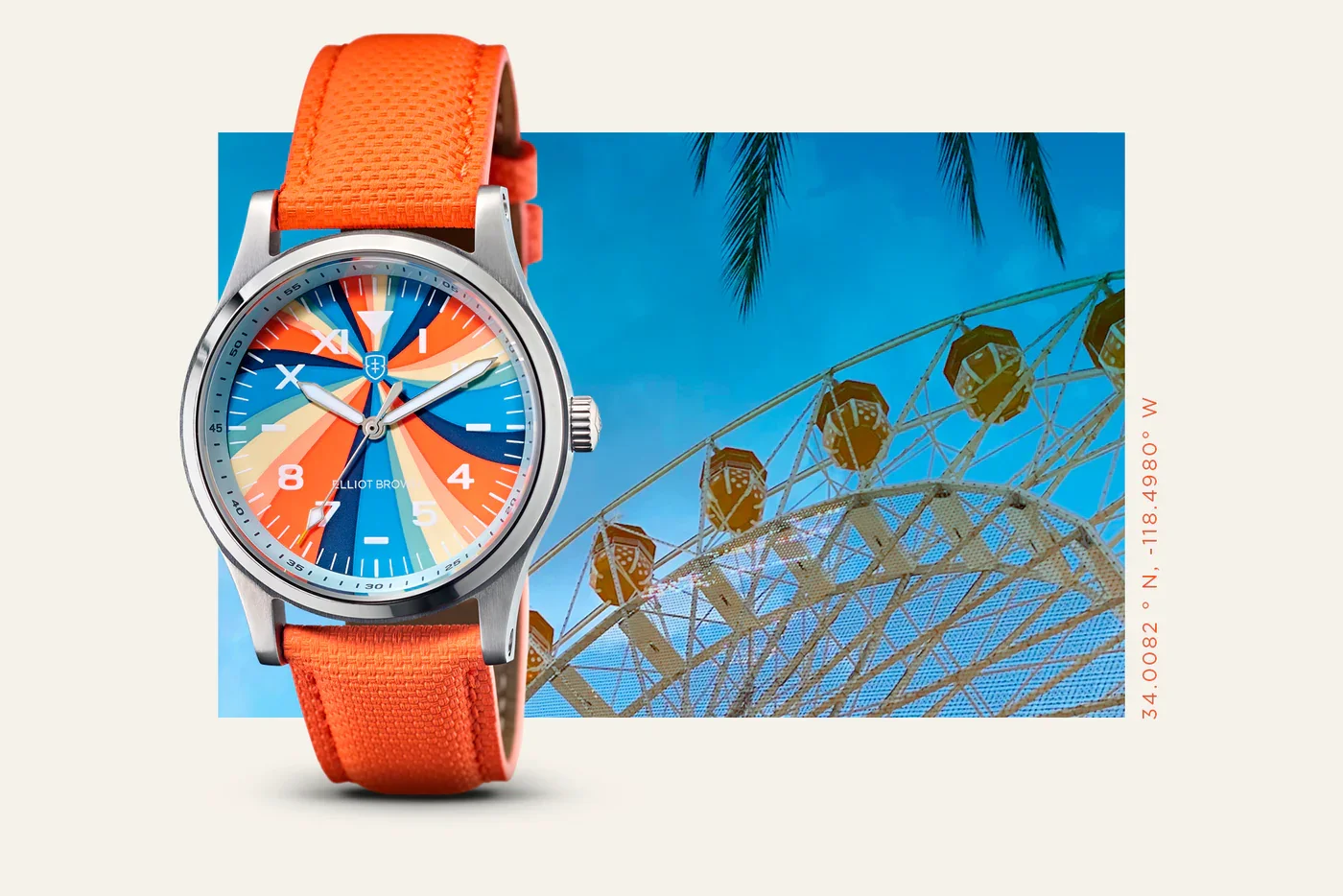 Elliot Brown watch, orange strap, vibrant blue/orange swirl dial.