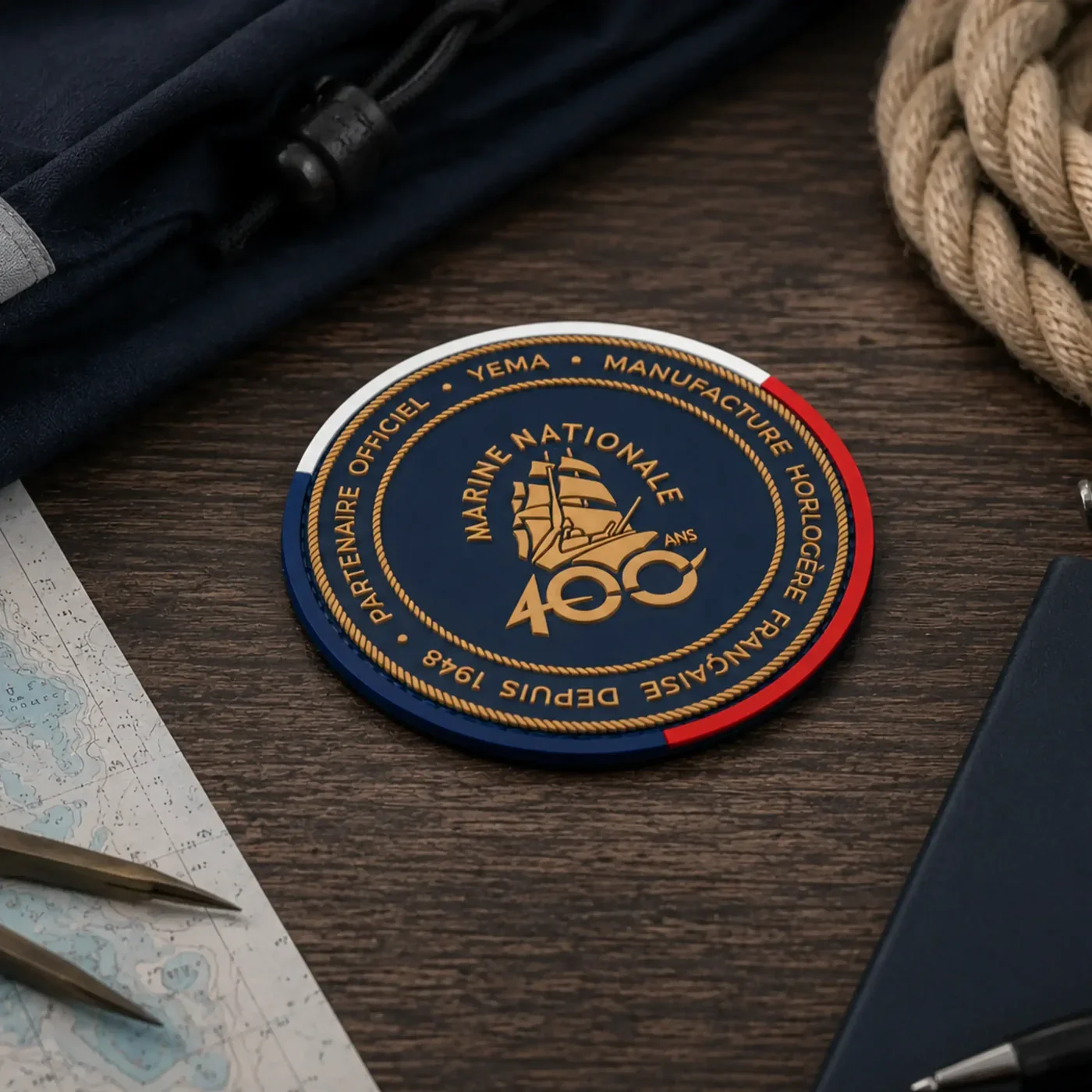 Yema Marine Nationale emblem (ship, French flag colors) on wood with nautical rope, chart, dividers, and pen.