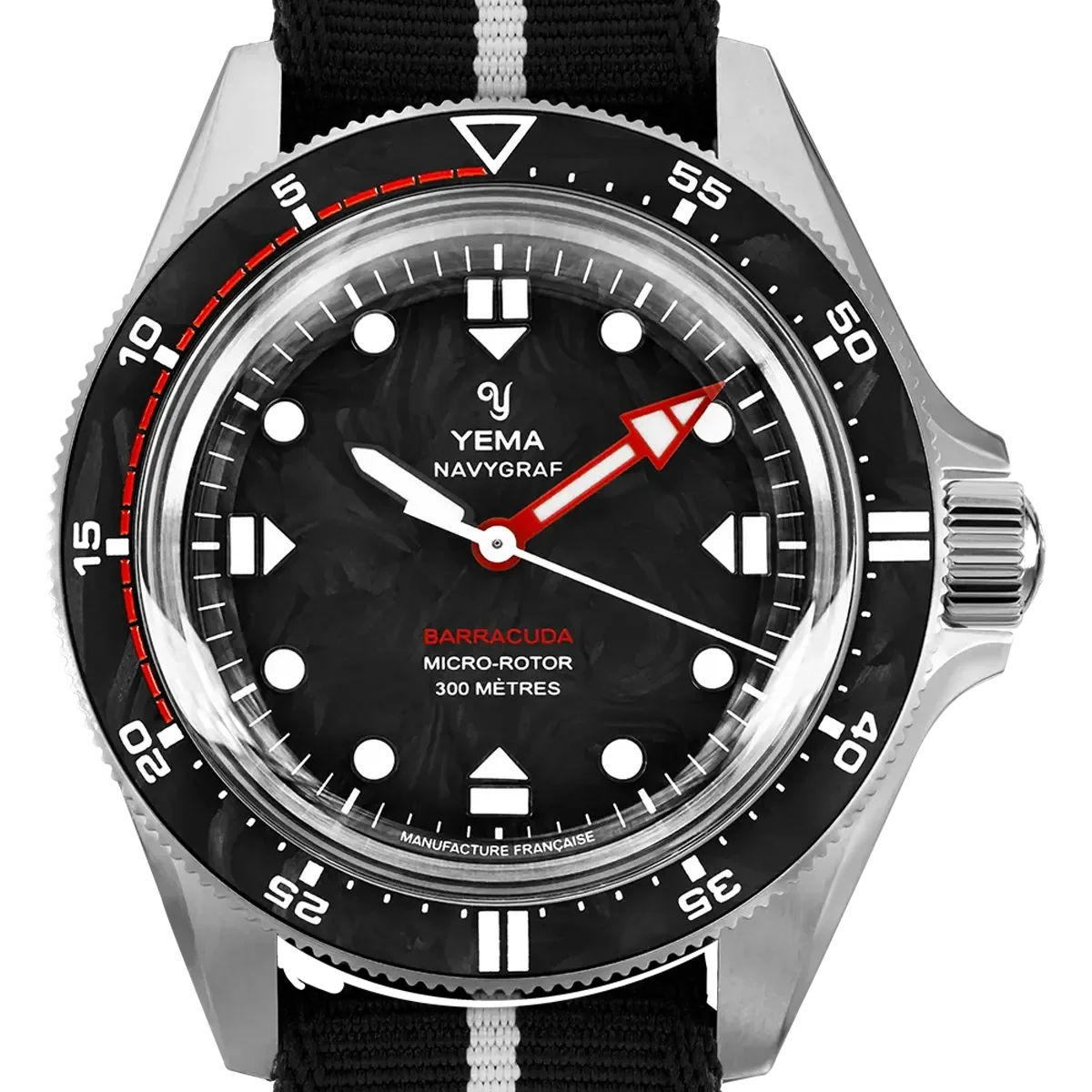 Yema Navygraf Barracuda dive watch with textured black dial, red arrow seconds hand, carbon-fiber bezel, black/white NATO strap.