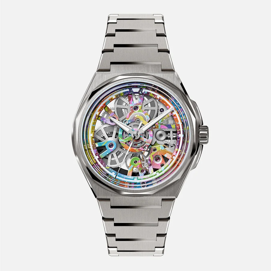 Silver luxury watch with integrated bracelet & a vibrant, multicolored skeleton dial, showcased on a white background.