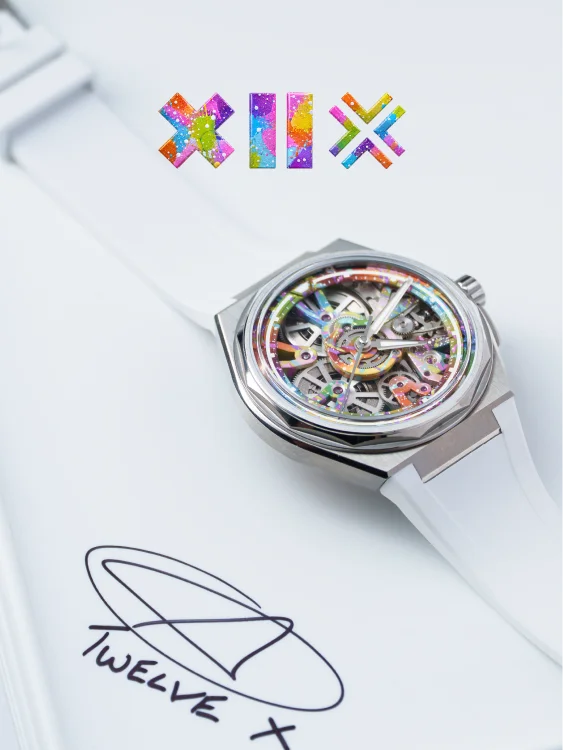 White luxury watch with colorful skeleton dial, silver case, white rubber strap. X I X symbols & TWELVE X logo.