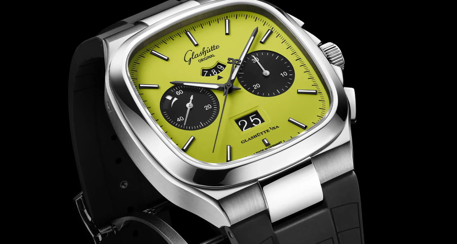 Glashütte Original chronograph with square steel case, vibrant lime green dial, black sub-dials, date, and rubber strap.