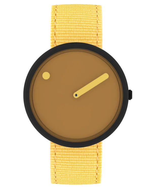 Minimalist watch with black case, brown dial, yellow dot hour marker, yellow minute hand, and yellow woven strap.