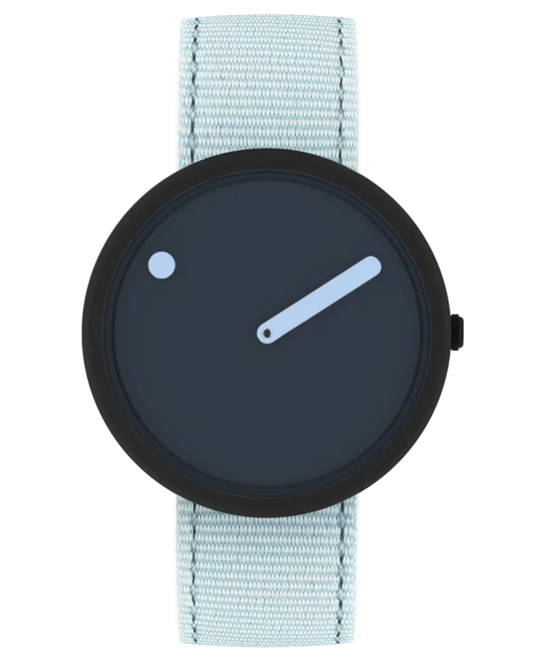 Round watch with a dark face, light blue hour dot & minute hand, matte black case, and light blue woven strap.