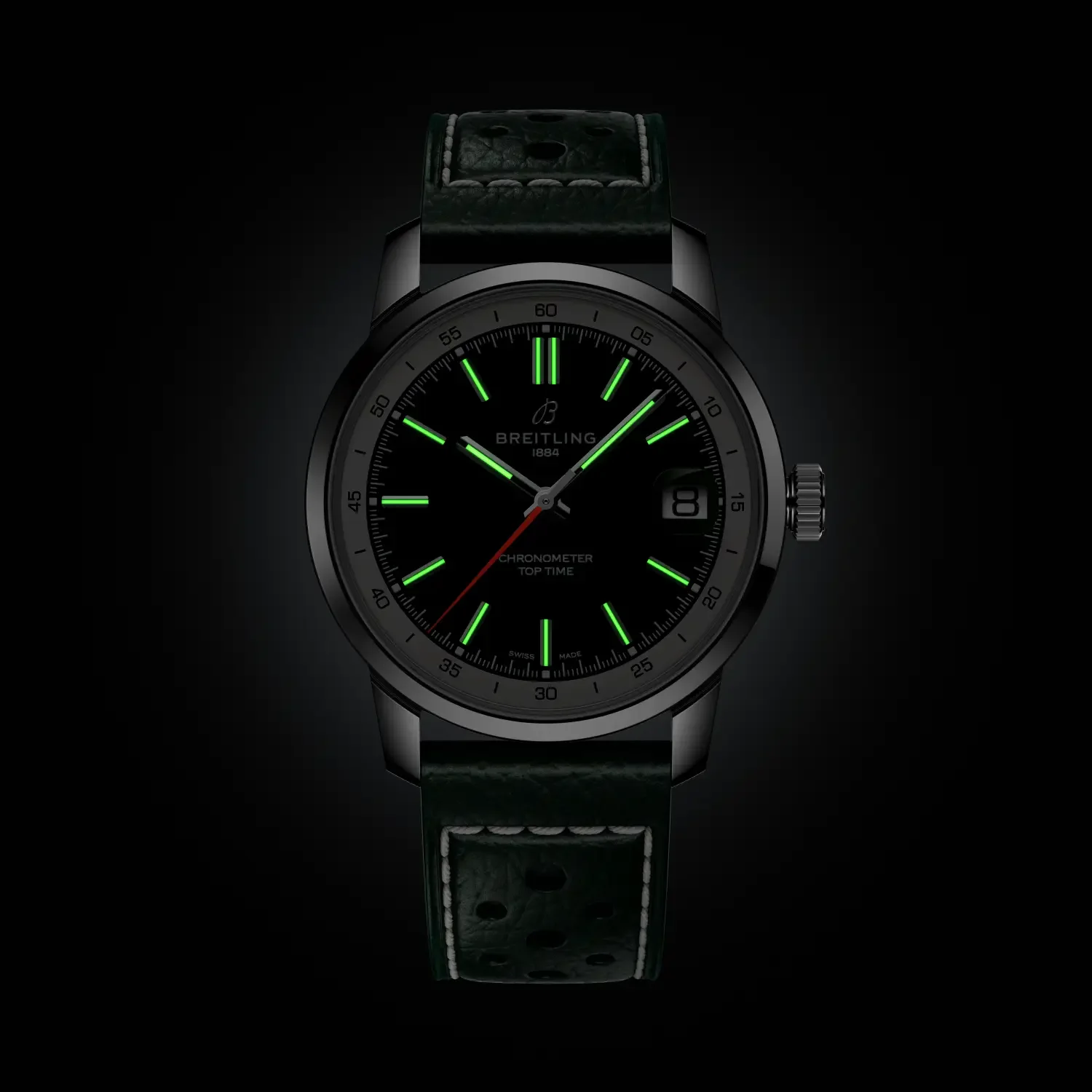 Breitling Top Time watch: black dial, glowing green markers & hands, red seconds, date 8, dark green perforated strap.