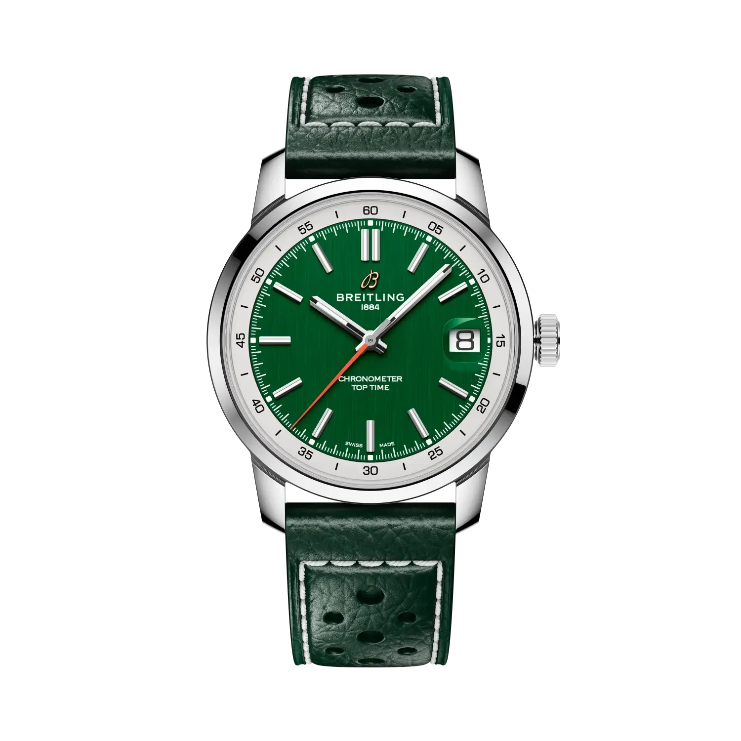 Breitling Top Time watch with a vibrant green dial, silver case, green perforated leather strap with white stitching. Date 8.
