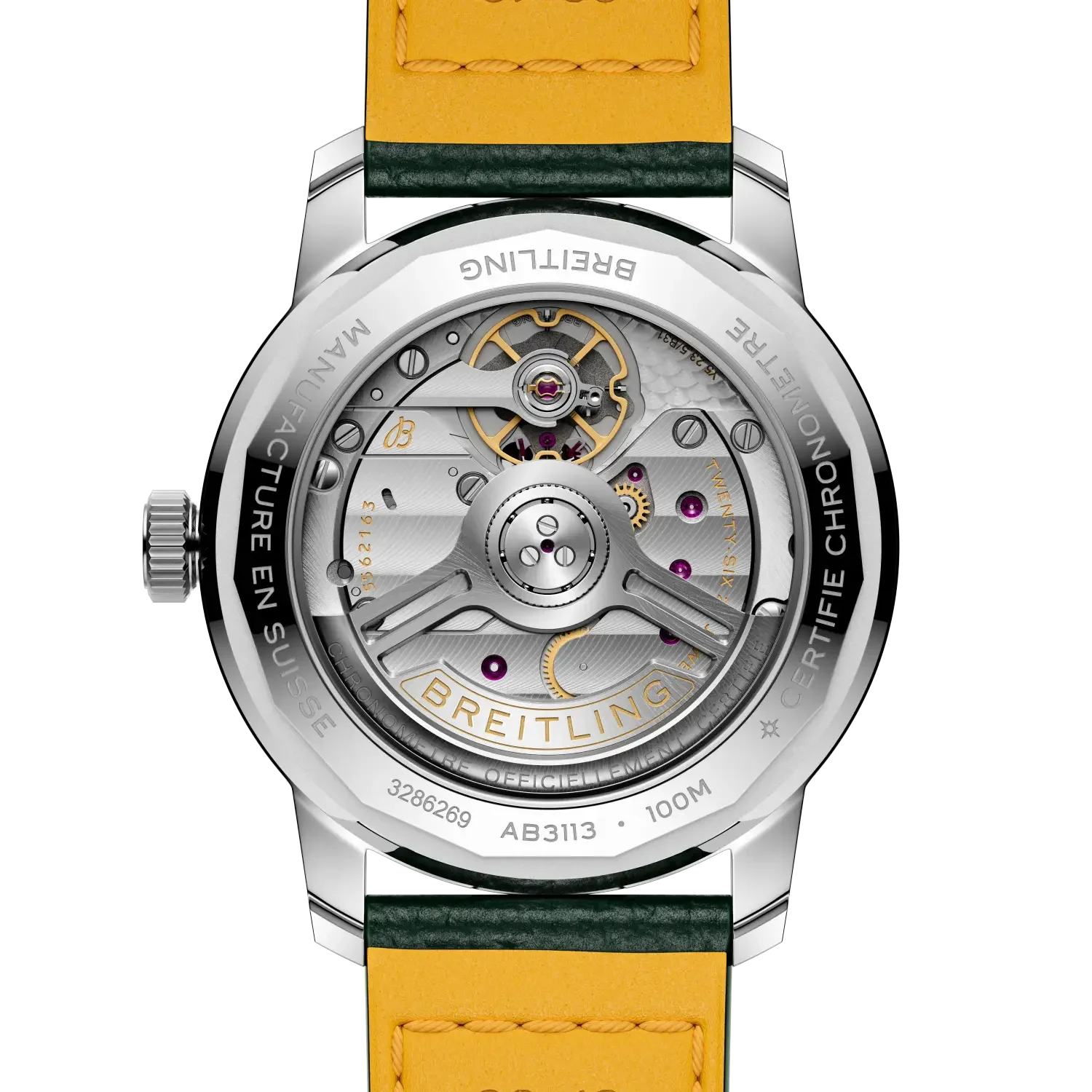 Breitling watch back, exhibition caseback showing intricate movement, gold-tone rotor, rubies. Yellow & green leather strap.