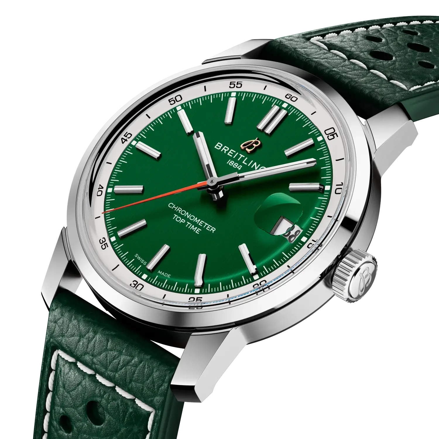 Breitling Top Time watch with vibrant green dial, silver case, red seconds hand, and perforated green leather strap.