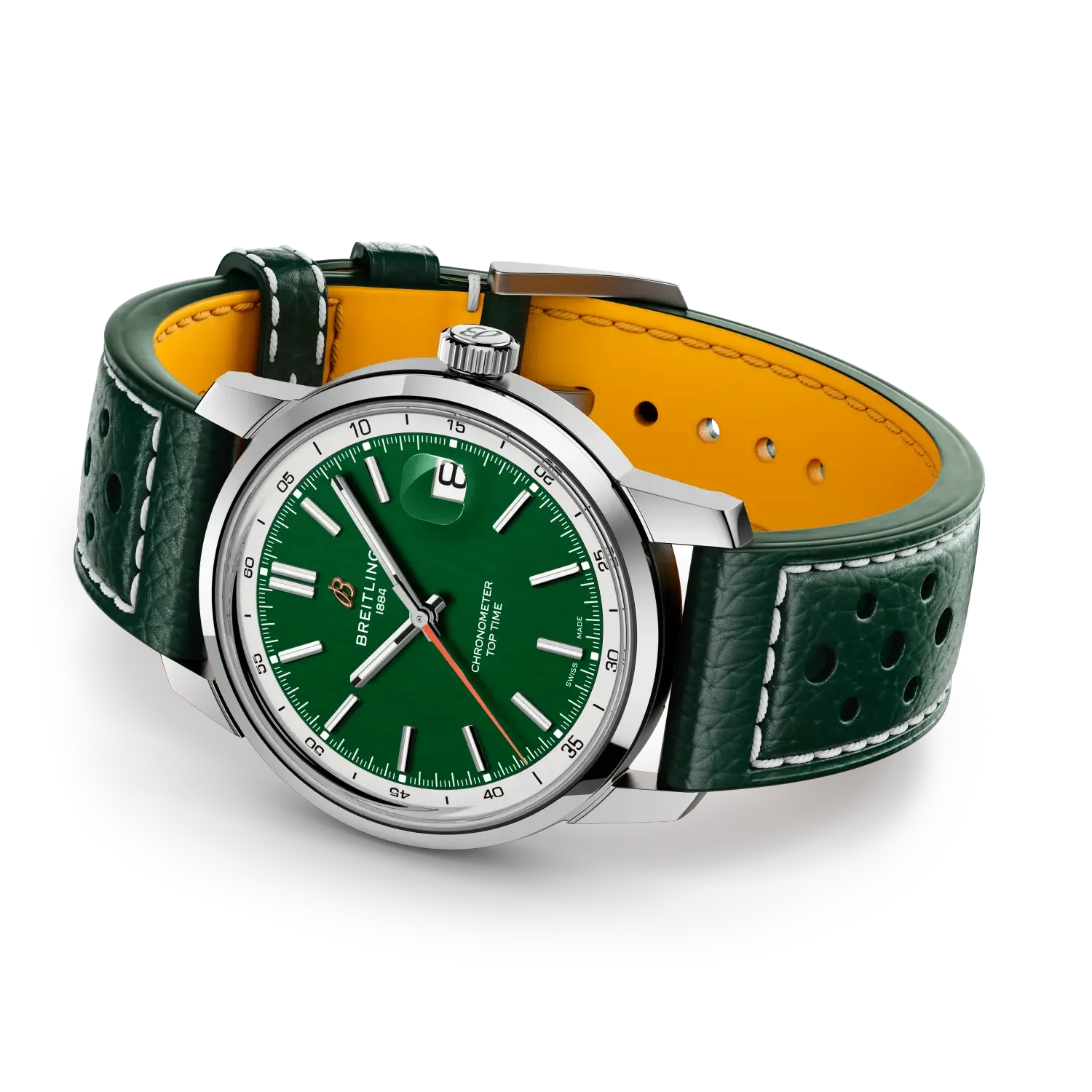 Breitling Top Time watch with a green dial, steel case, and green perforated leather strap with yellow lining.