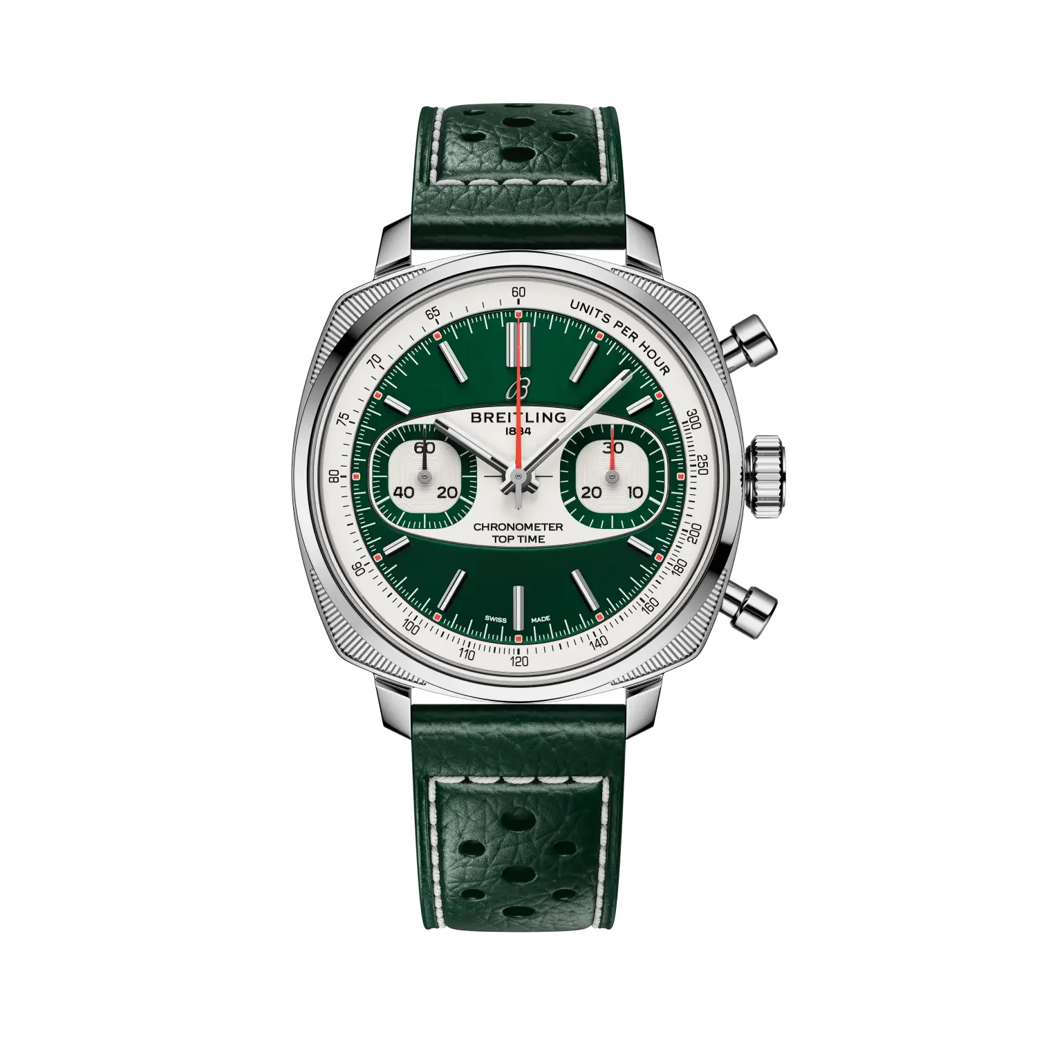Breitling Top Time watch: cushion-shaped case, green dial with white sub-dials, green perforated leather strap.