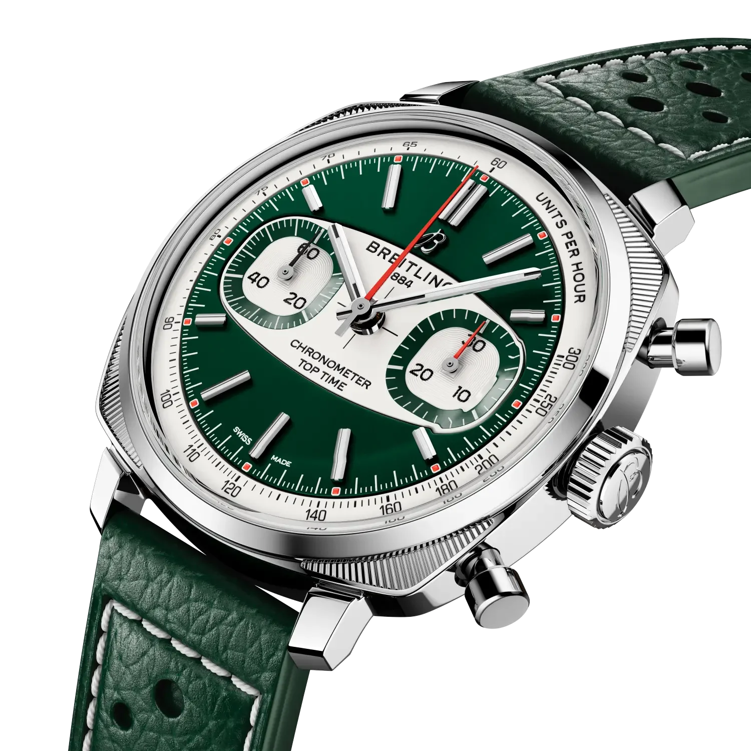 Breitling Top Time Chronometer with a green dial, white sub-dials, polished steel case, and a green perforated leather strap.