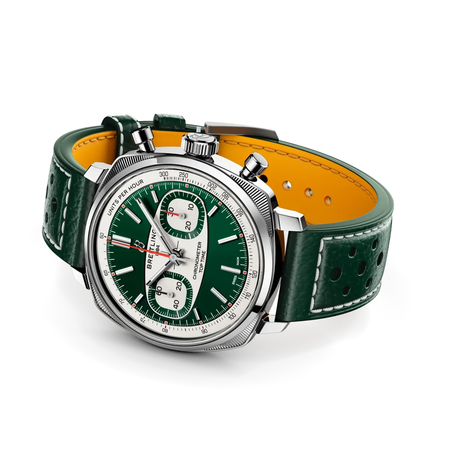 Breitling Top Time chronograph: green dial, silver case, green perforated racing strap with yellow lining.