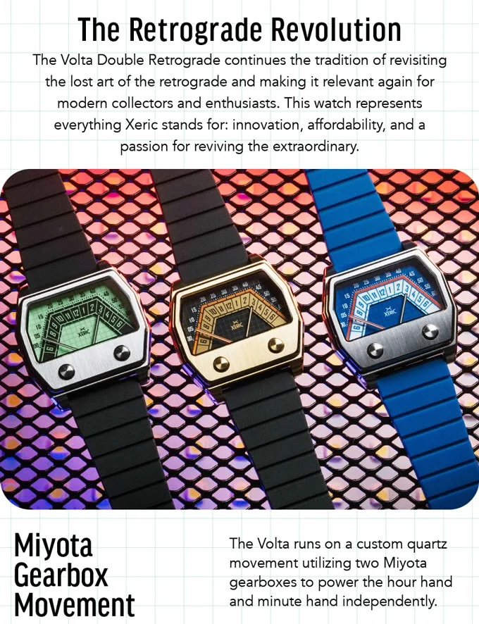 Three Xeric Volta watches: silver/green, gold/amber, & silver/blue, with rubber straps on a colorful, textured background.