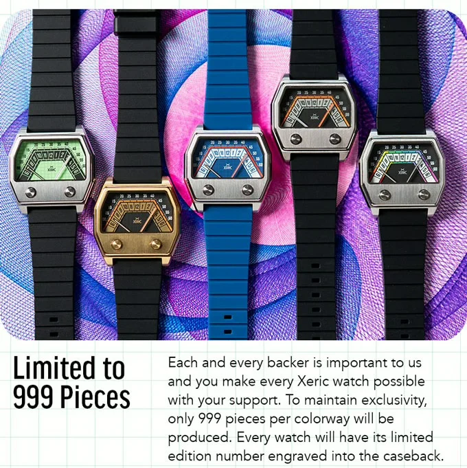 Five Xeric watches: 1 gold, 4 steel cases, unique gauge-like displays. Black & blue silicone straps on colorful swirl.