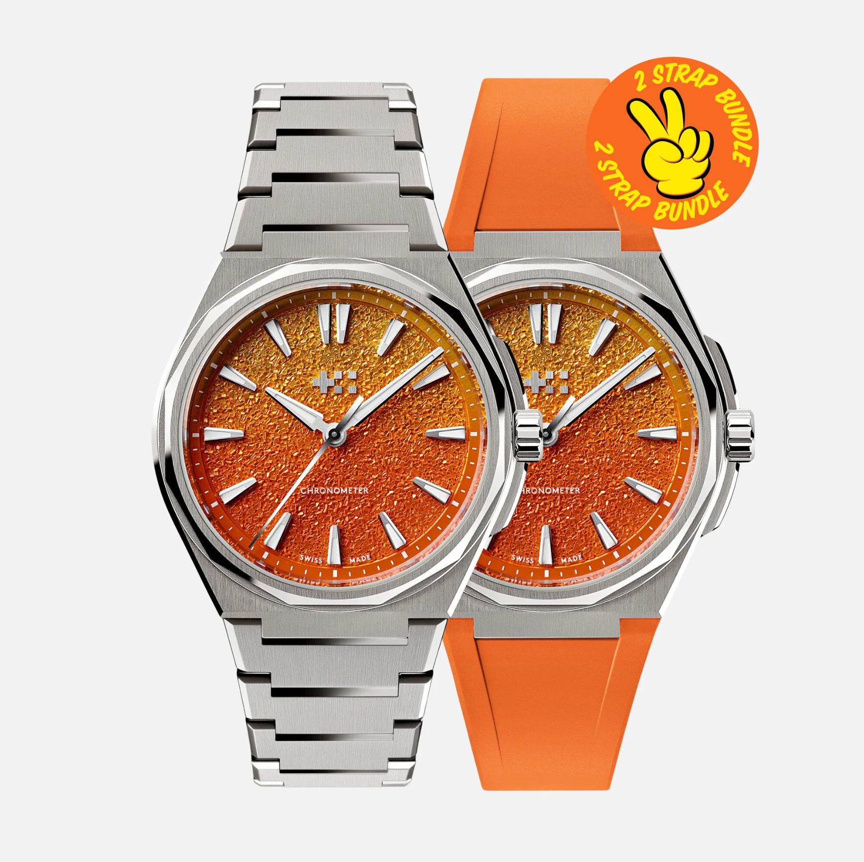 Two silver watches with textured orange-yellow dials. One with metal bracelet, one with orange strap. "2 Strap Bundle" sticker.