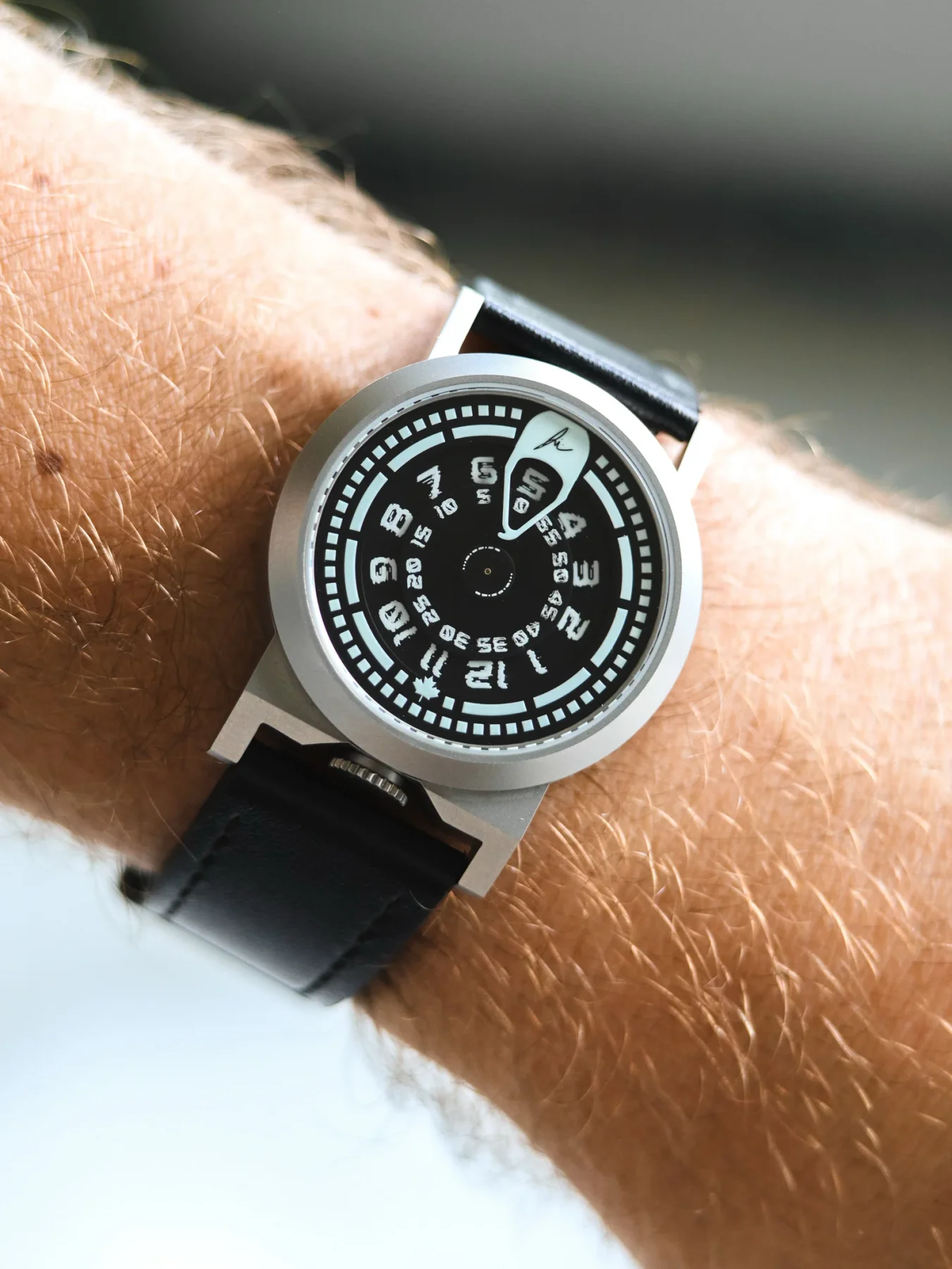 Hairy forearm wears a silver watch with black strap. Black dial with white numbers, rotating minute disc, and pointer.