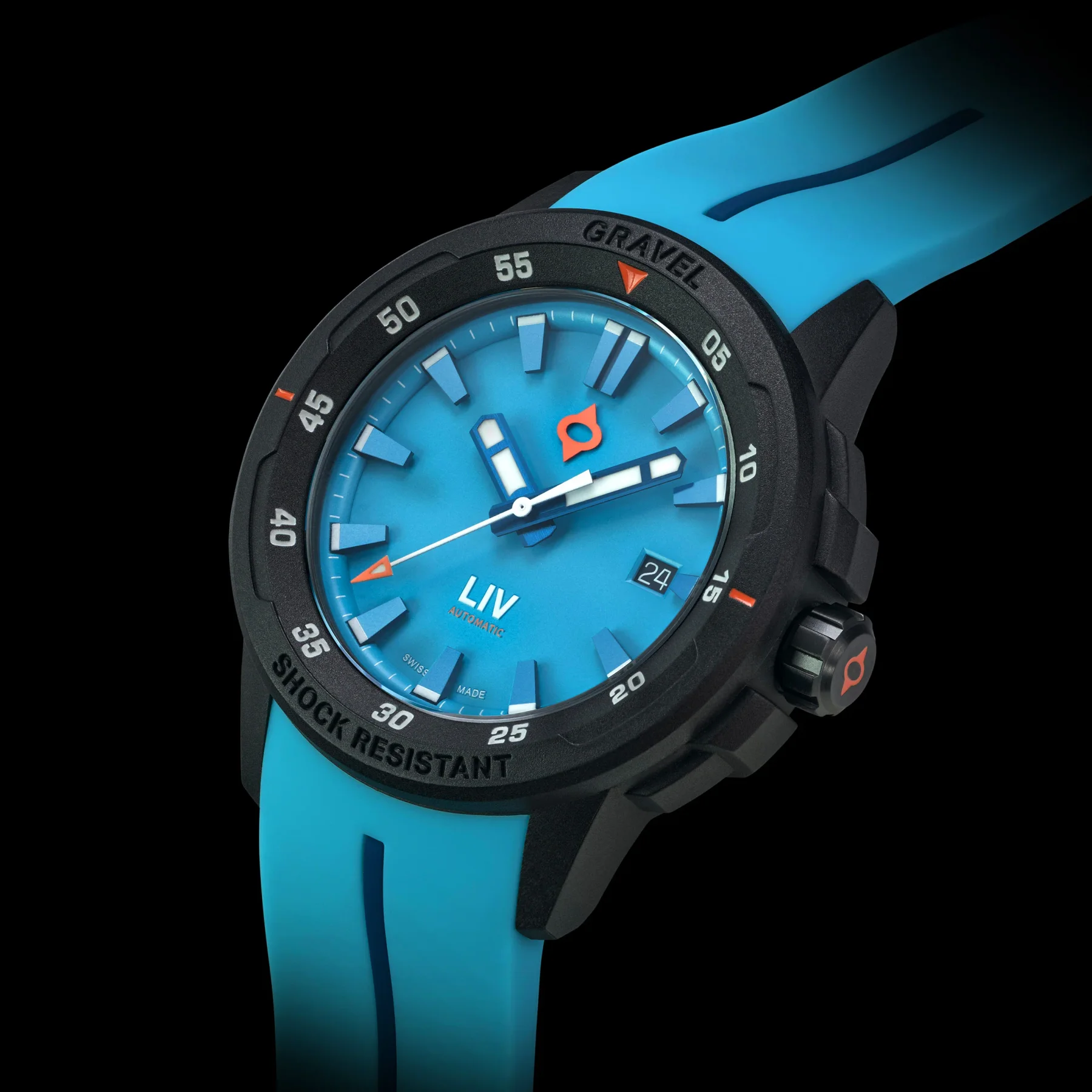 LIV Gravel automatic watch with bright blue dial & rubber strap, black case. Bezel reads shock resistant, date at 3.