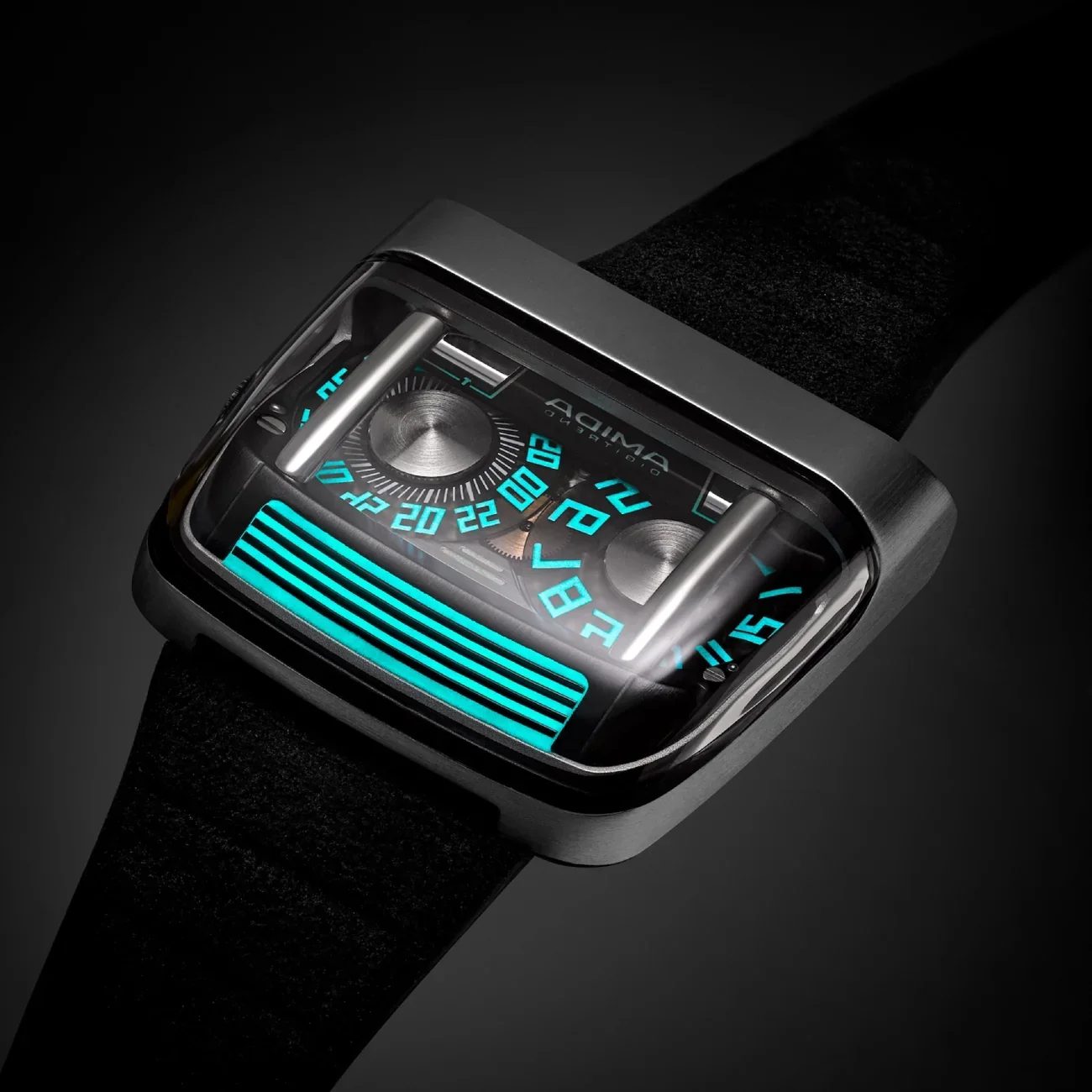 Close-up of a futuristic Aqima watch with a rectangular metal case, black strap, and luminous turquoise display on dark background.