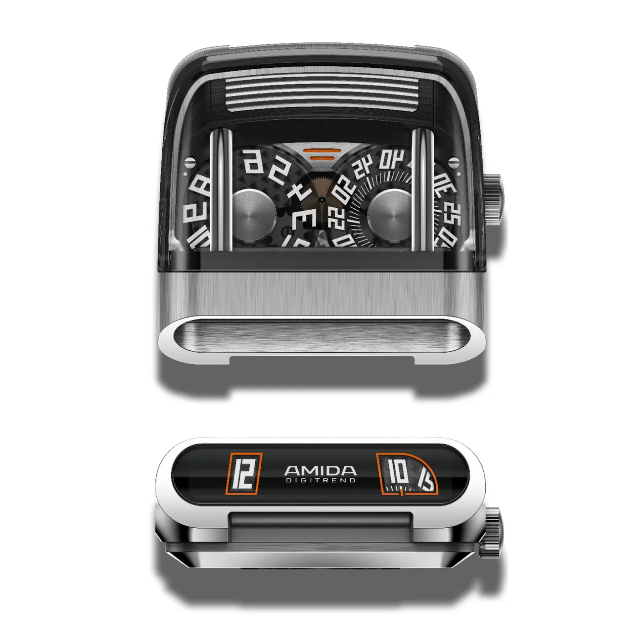 Two luxury watches: top is a black & silver driver's watch with disc display; bottom is an AMIDA DIGITREND digital watch.