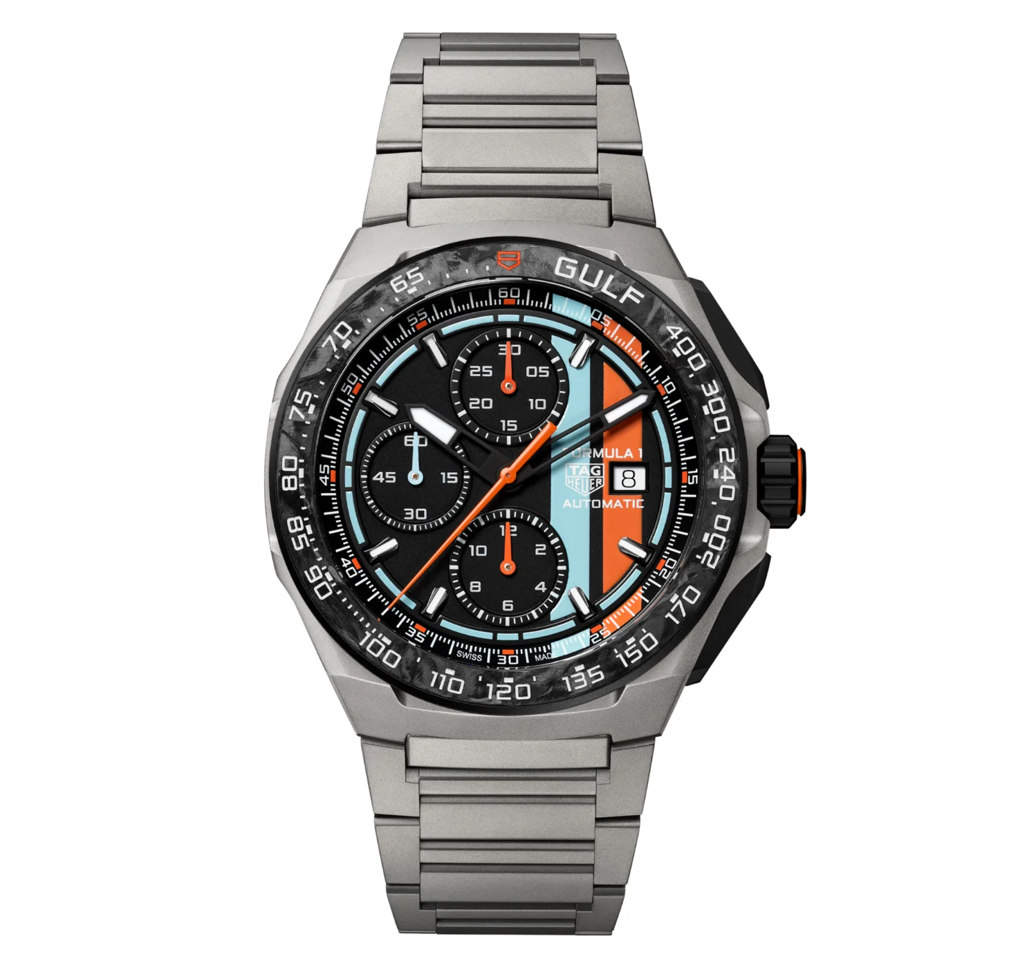 TAG Heuer F1 Gulf chronograph: black dial w/ blue/orange stripes, titanium case/bracelet, carbon bezel, on white.