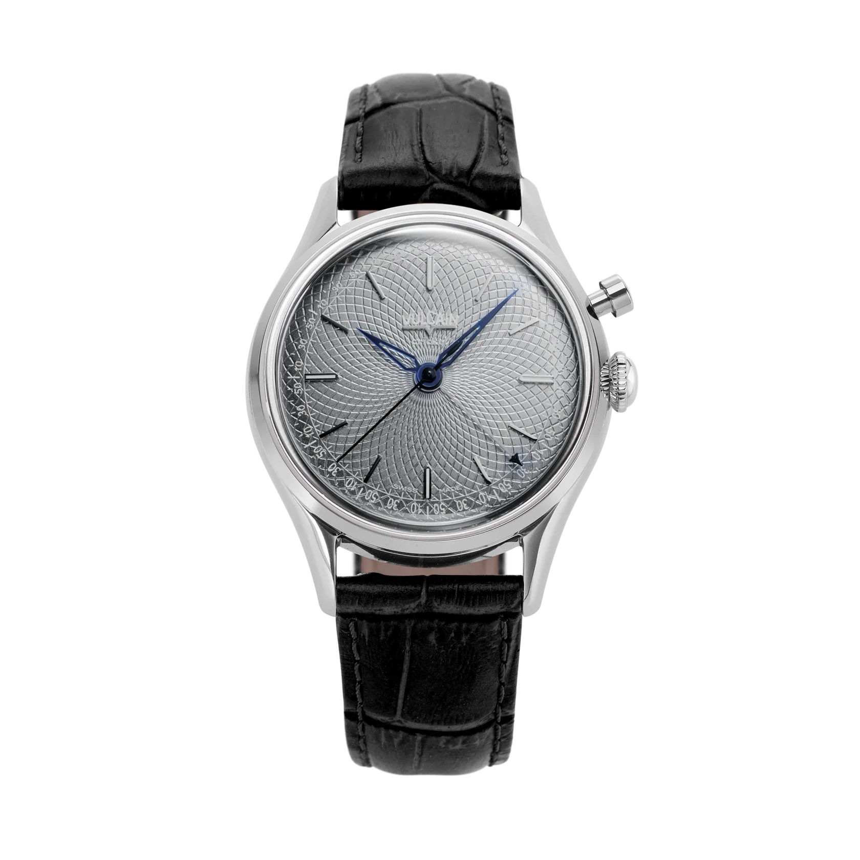Silver Vulcain luxury watch with intricate guilloche dial, blued hands, two crowns, and black alligator strap, on black.