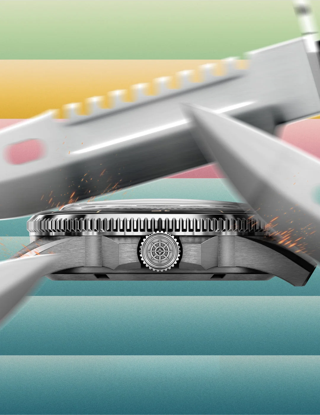 Profile view of a dive watch with compass rose crown. Crossing metallic blades spark behind, on striped background.