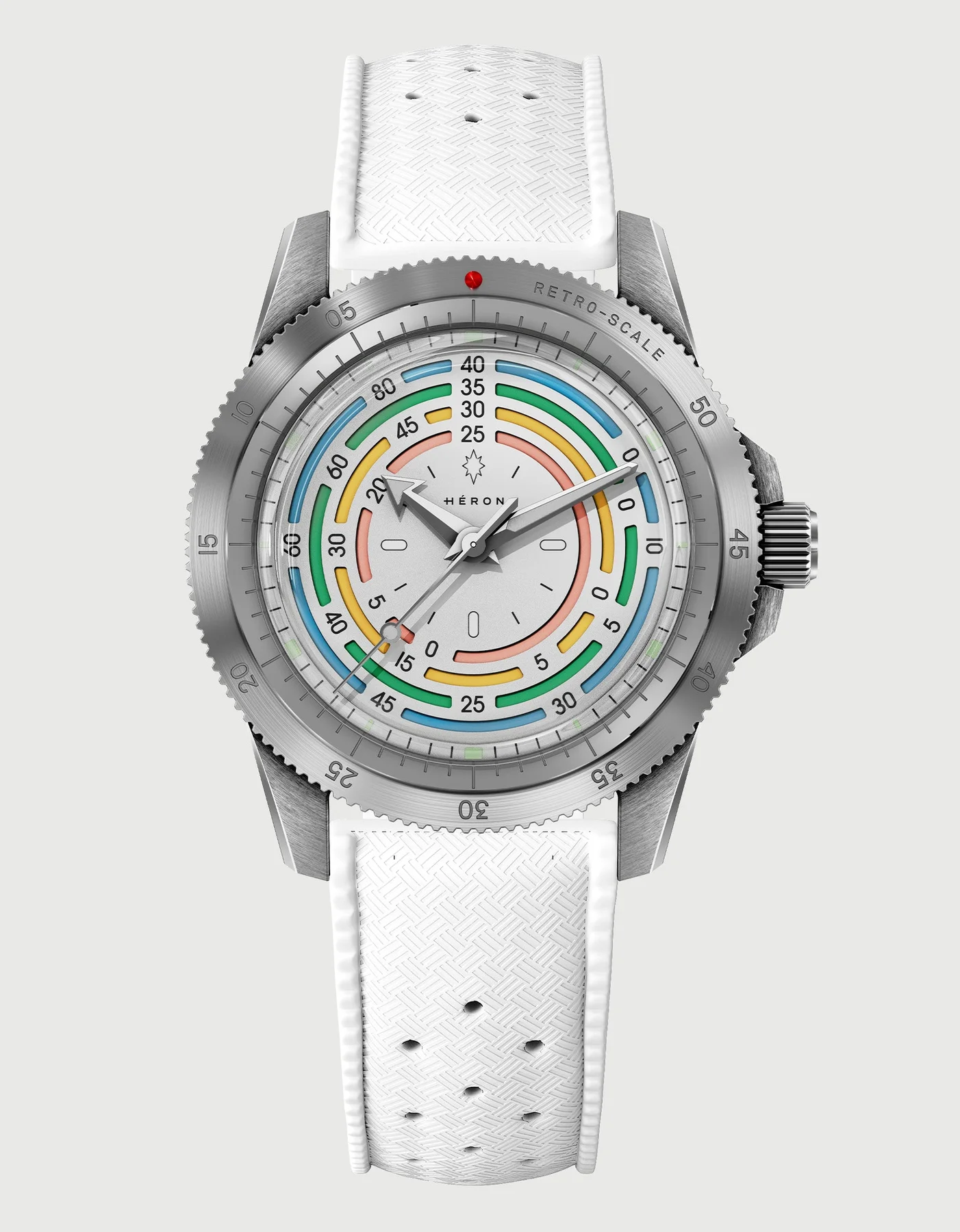 Close-up of Heron watch. White textured strap, silver case, white dial with colorful concentric rings, retro-scale bezel.