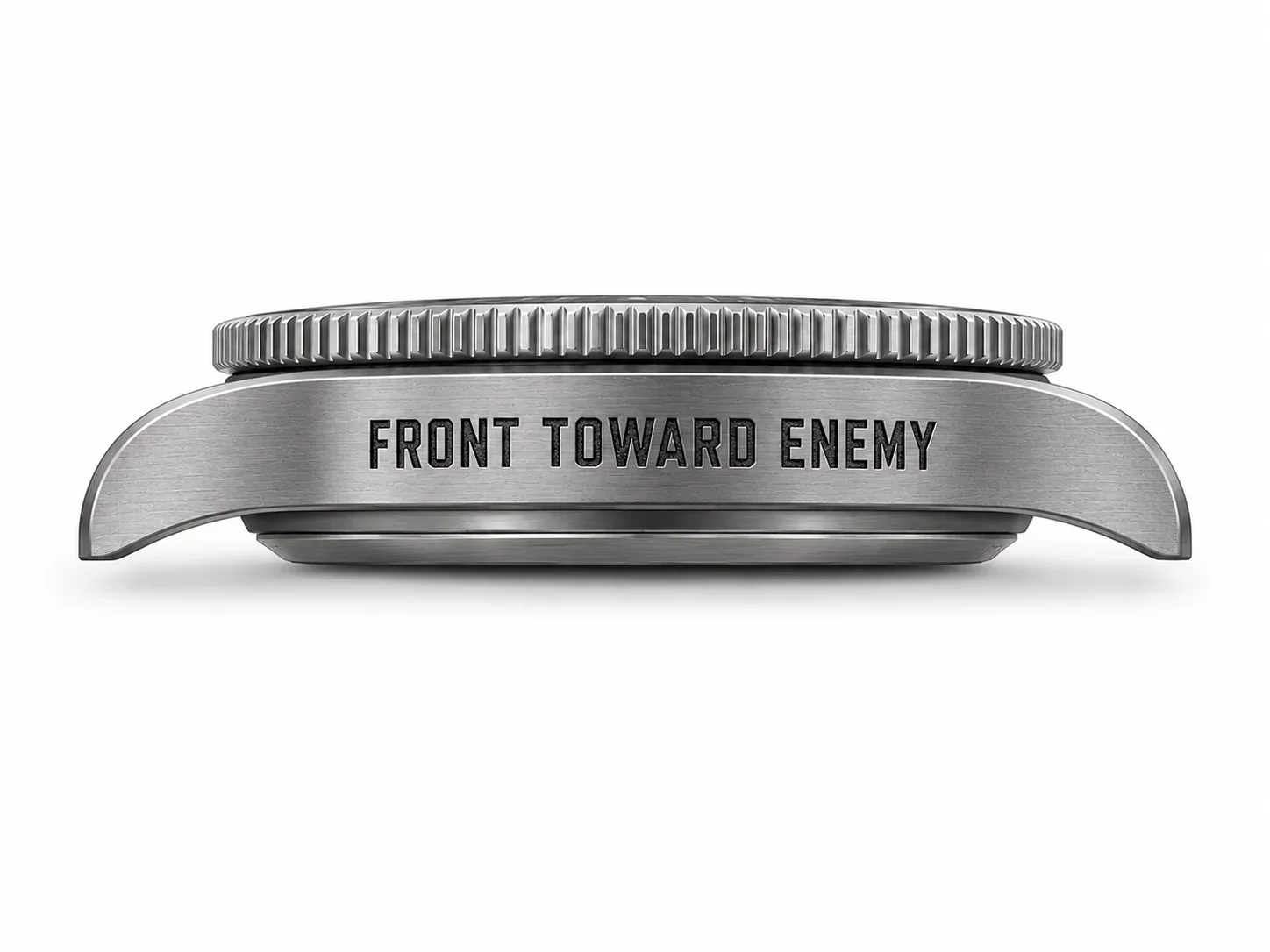 Side view of a brushed metal watch case engraved with front toward enemy and a coin-edge bezel.
