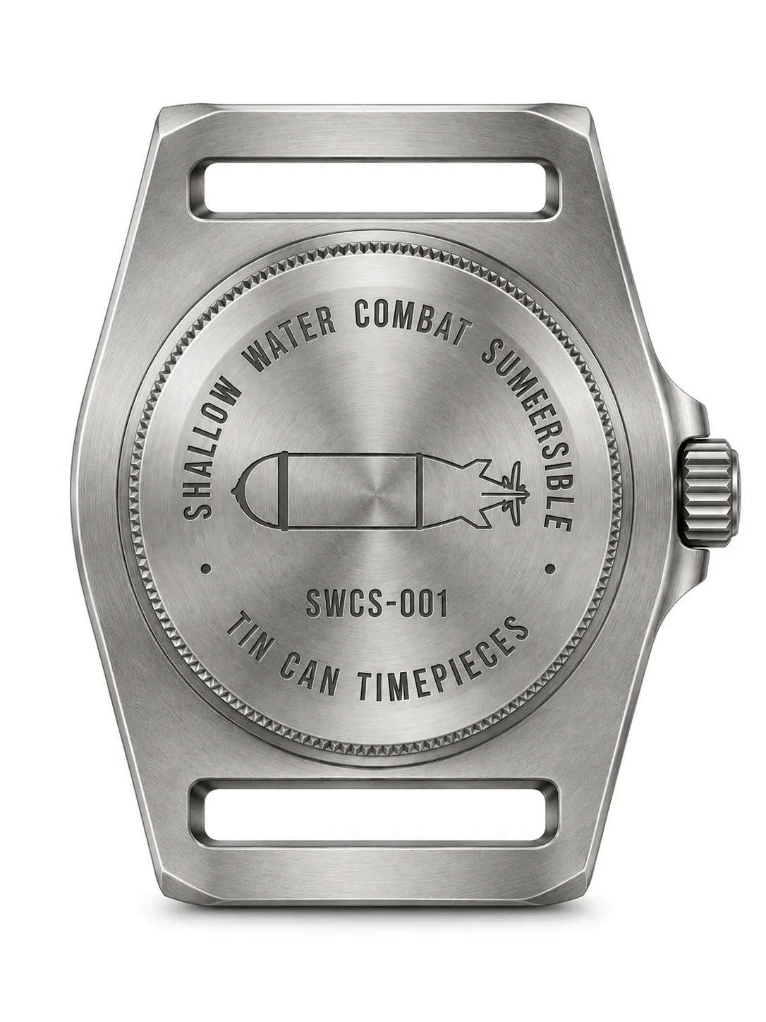 Brushed metal watch case back with shallow water combat sumeersible engraving, torpedo graphic, crown, and strap lugs.