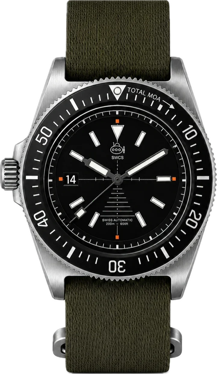 Silver diver's watch with black dial, white markers, orange accents, date window, and olive green textile strap.